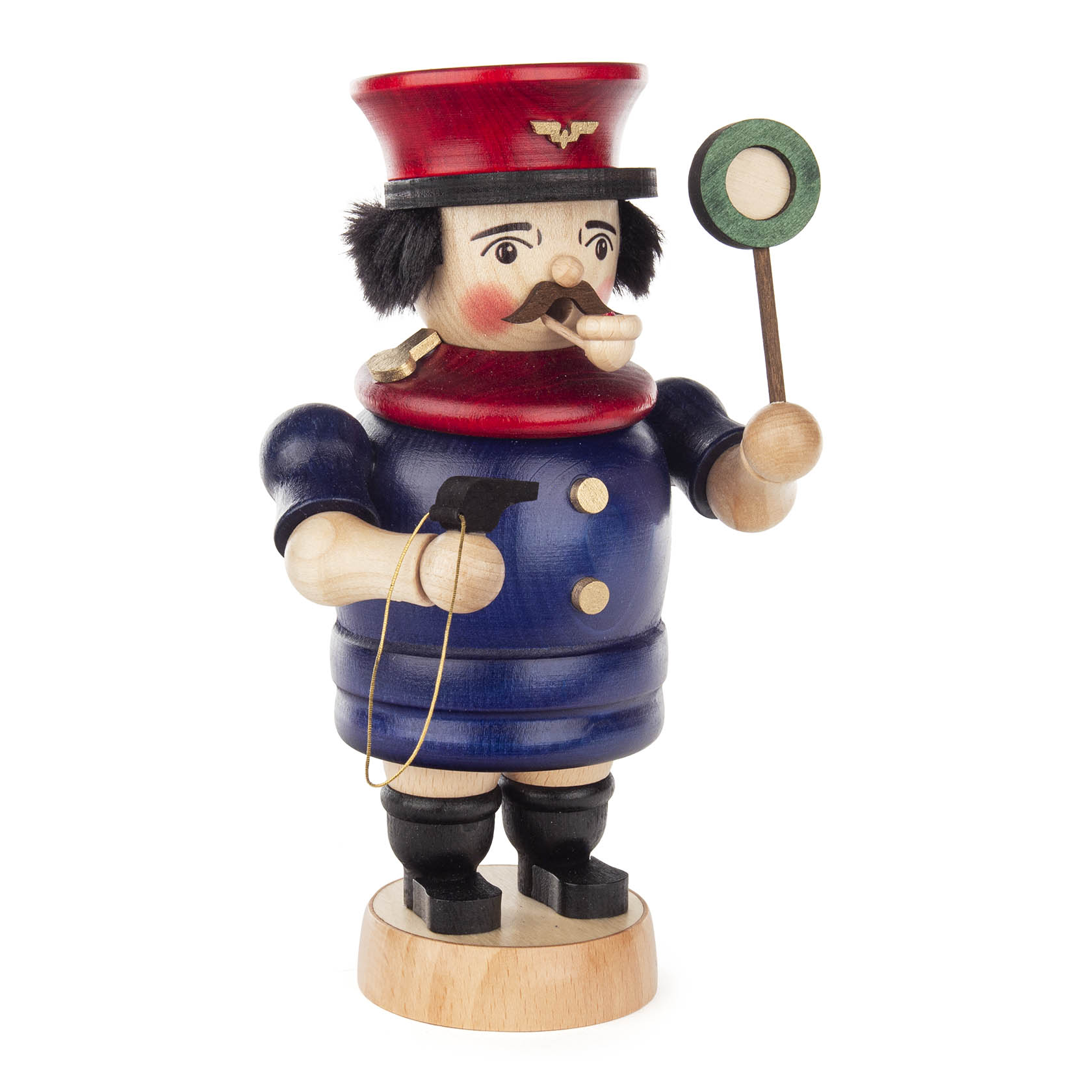 Holzfigur eines Eisenbahners als Räuchermann, trägt blaue Uniform mit roten Details. In der rechten Hand hält er ein Signal, in der linken eine Pfeife. im Dregeno Online Shop günstig kaufen