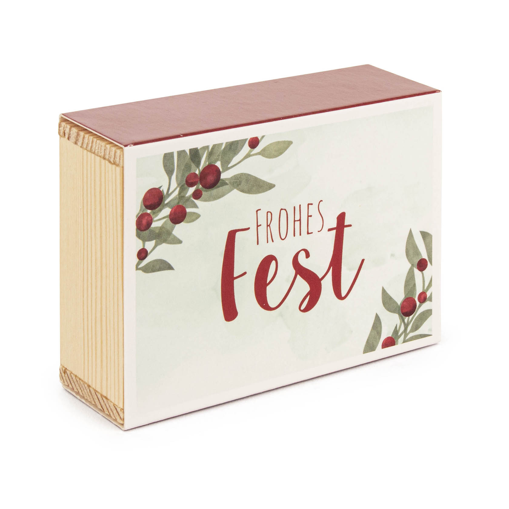 A small rectangular wooden box with a festive design, featuring the German text 'Frohes Fest' in red and green holly leaves.