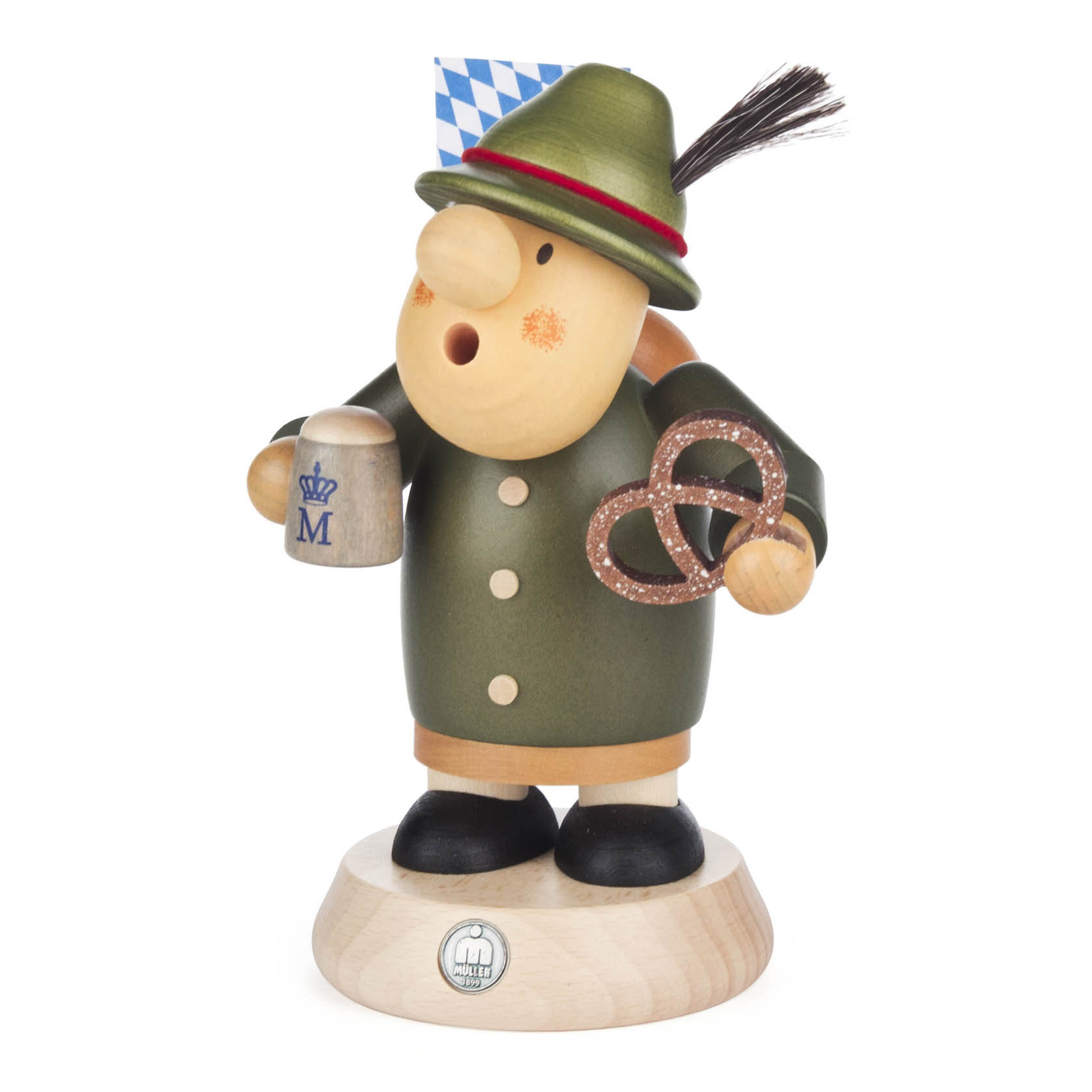 Wooden incense figure, dressed in green, with a Bavarian hat. Holds a beer stein in one hand and a pretzel in the other. im Dregeno Online Shop günstig kaufen