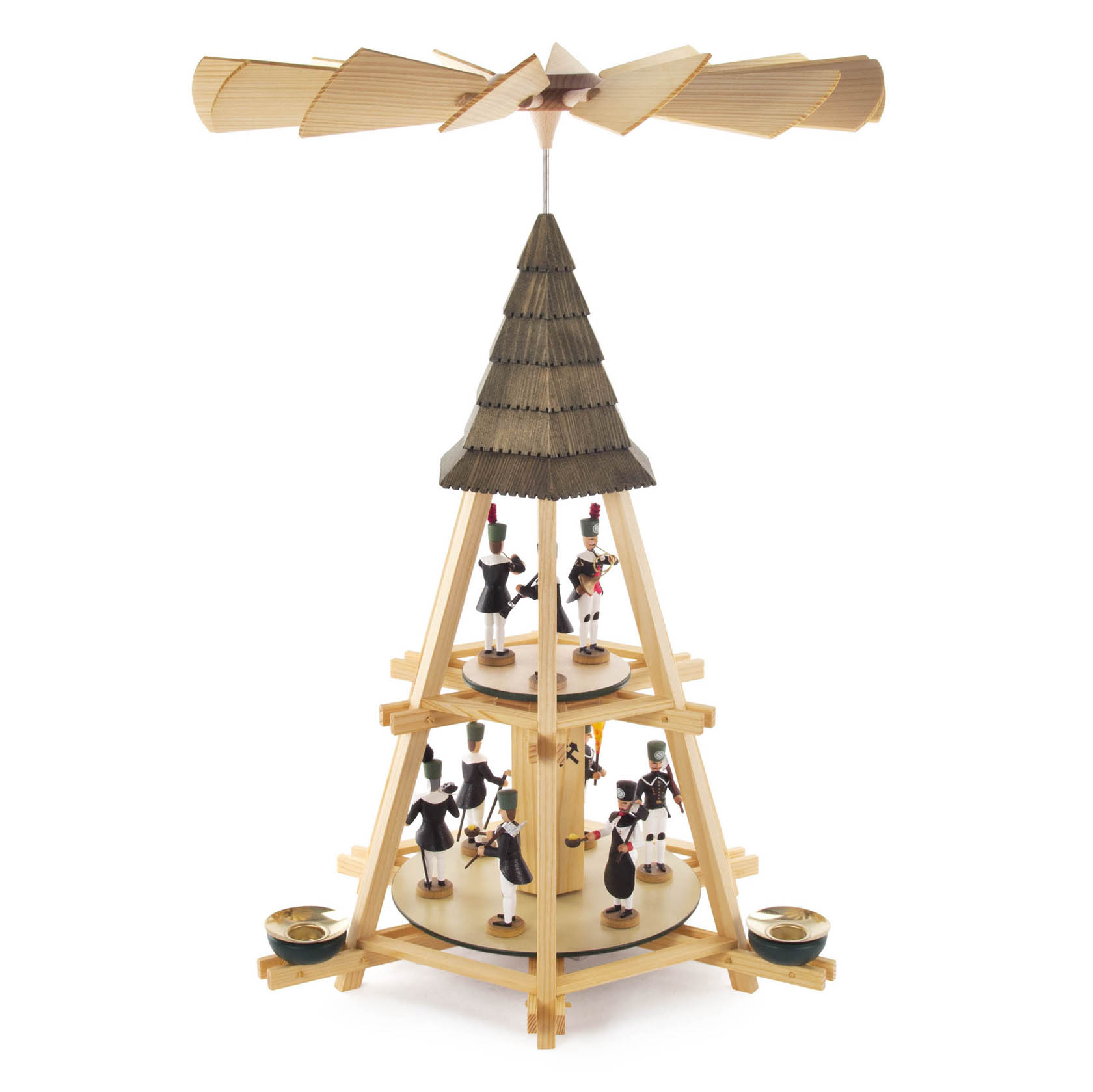 Two-tiered Göpel pyramid with miners and candle holders for 20.5mm candles, featuring rotating fan blades at the top. im Dregeno Online Shop günstig kaufen