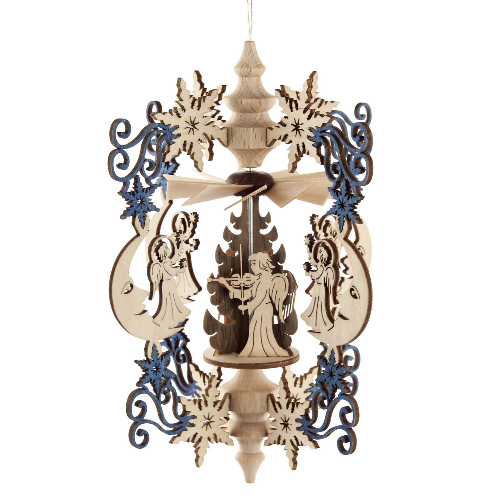 A wooden hanging ornament featuring an angel choir and crescent moons with intricate carvings and blue decorative accents.