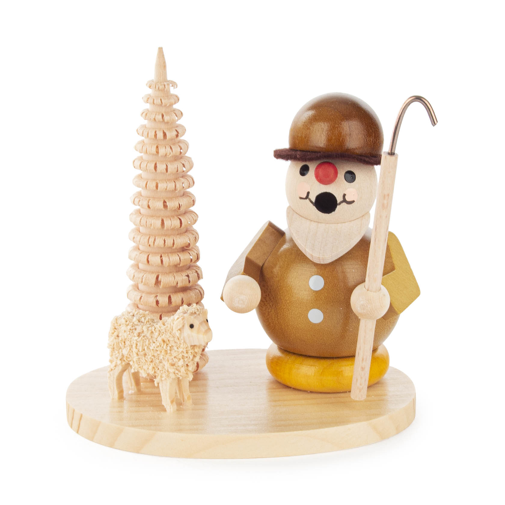 A miniature wooden incense smoker depicting a shepherd holding a staff, with a small sheep figurine, standing next to a stylized tree on a base. im Dregeno Online Shop günstig kaufen