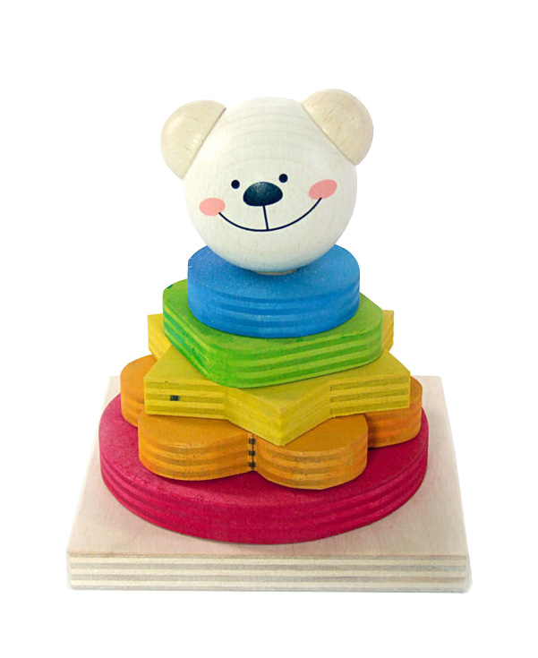 Wooden stacking toy with a bear's head on top, featuring colorful geometric-shaped pieces in red, orange, yellow, green, and blue. im Dregeno Online Shop günstig kaufen