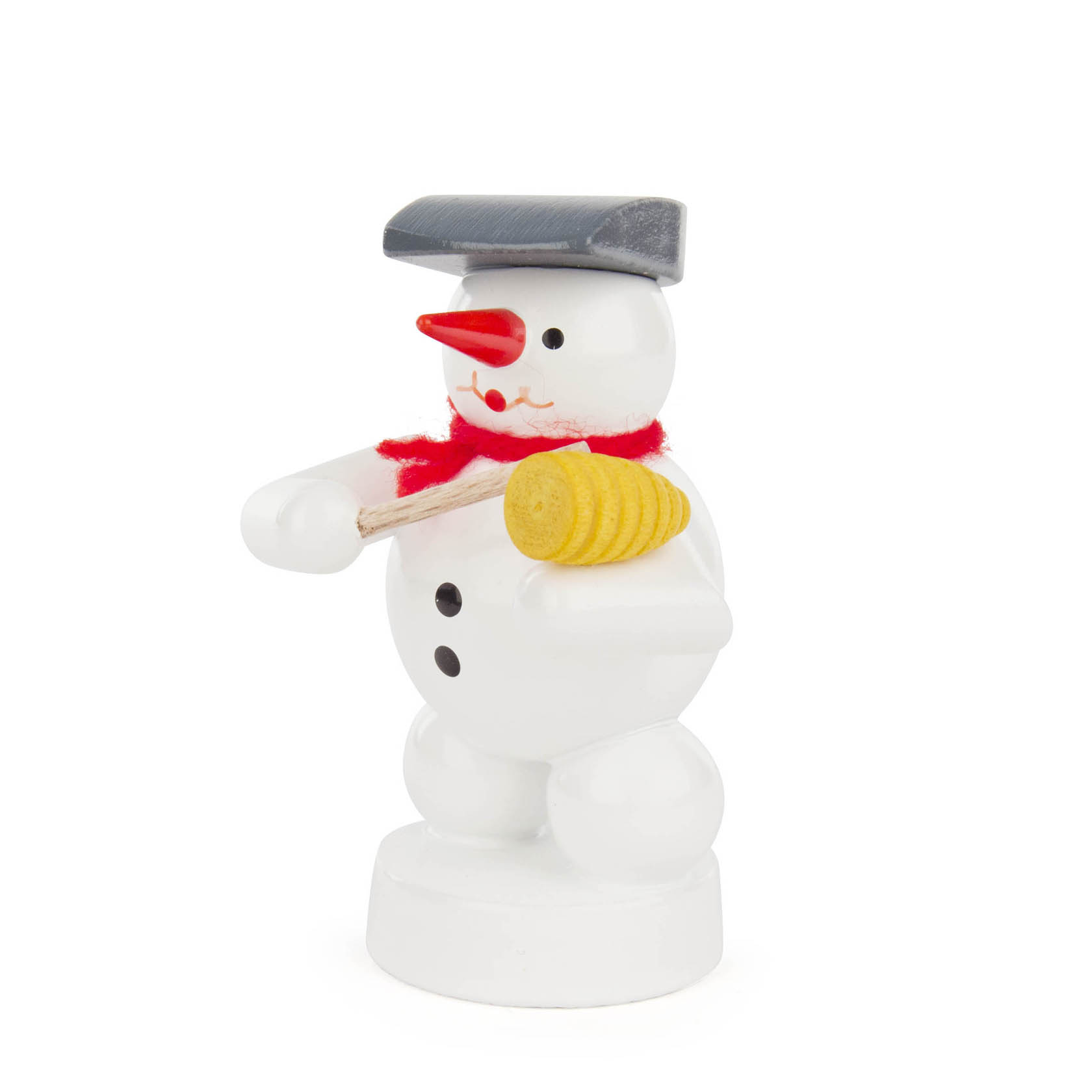A small snowman figurine with a red scarf and a black hat, holding a yellow guiro in one hand and a stick in the other. im Dregeno Online Shop günstig kaufen