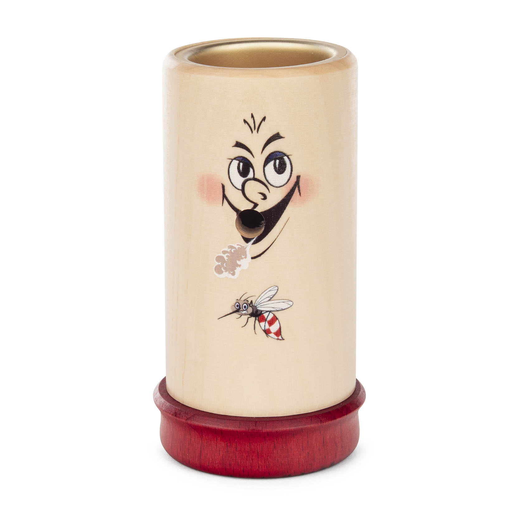 Zylindrischer Holzbehälter mit aufgemaltem Gesicht und Mücke, oben eine Vertiefung für ein Teelicht, basiert auf einem roten Sockel. im Dregeno Online Shop günstig kaufen