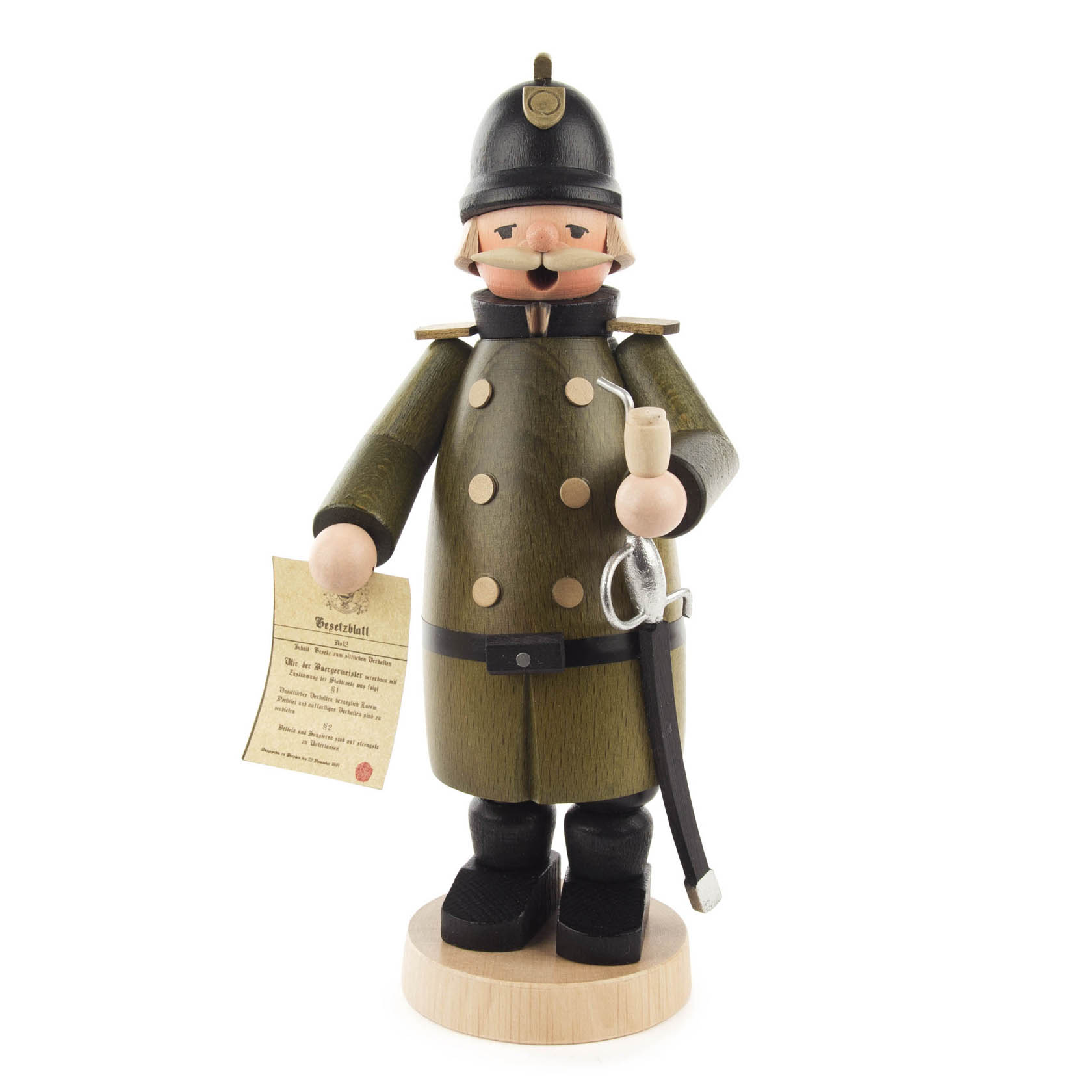 A wooden incense smoker figurine in the shape of a traditional policeman, holding a scroll and a sword, wearing a green uniform with a helmet. im Dregeno Online Shop günstig kaufen