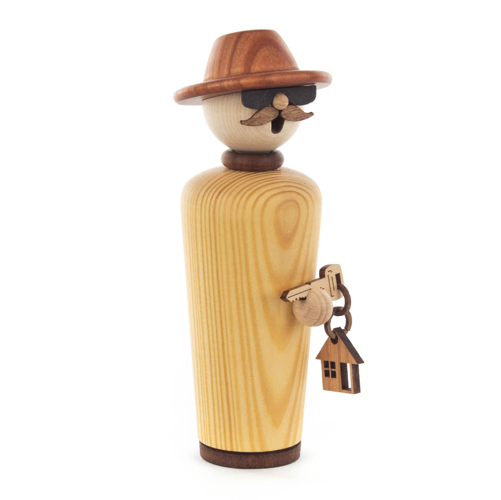 Holzfigur aus Lärchenholz als Baumeister mit Schnurrbart, Hut und einer Laterne in der Hand.