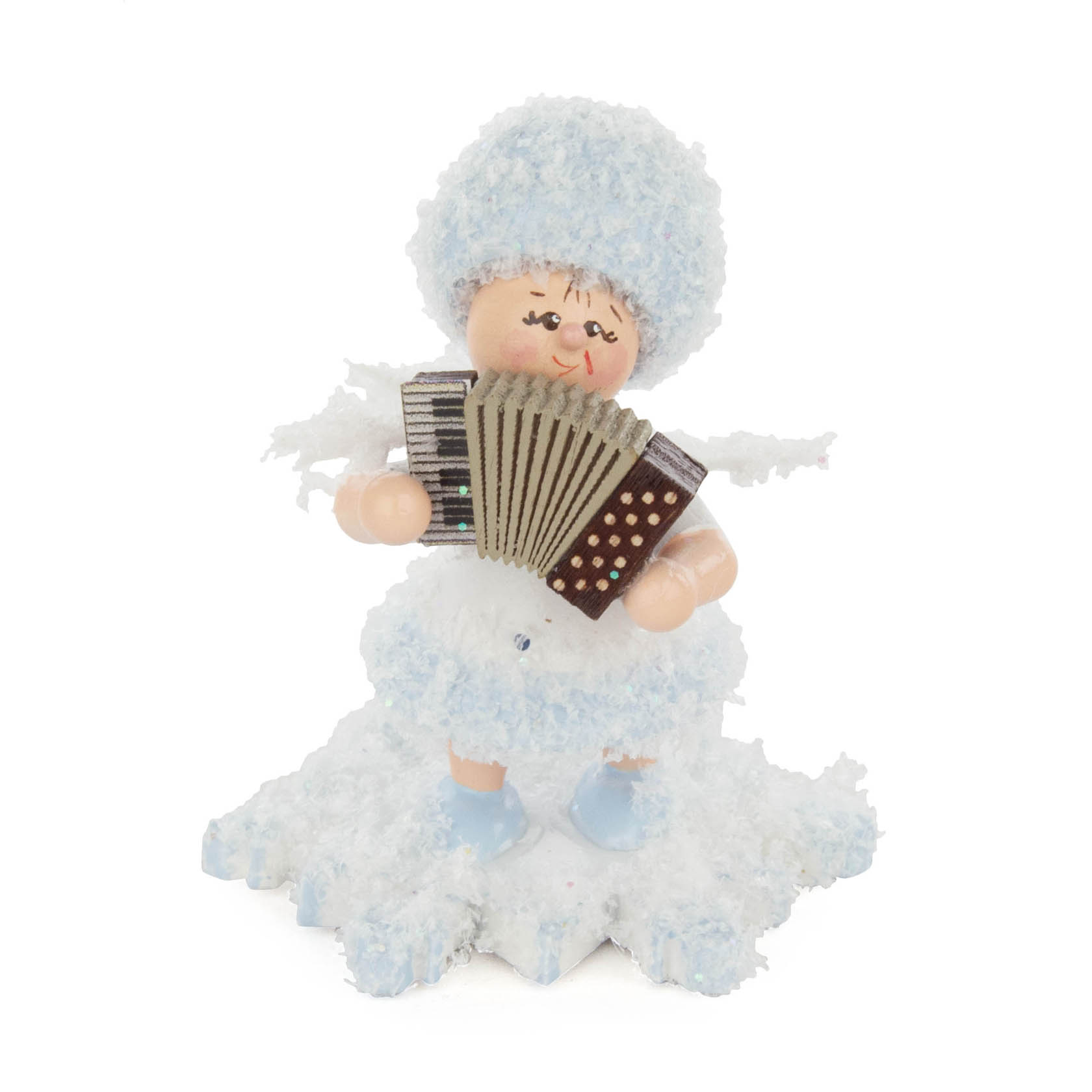 A figurine of a snowflake girl wearing a blue hat and dress, playing an accordion with a joyful expression. im Dregeno Online Shop günstig kaufen