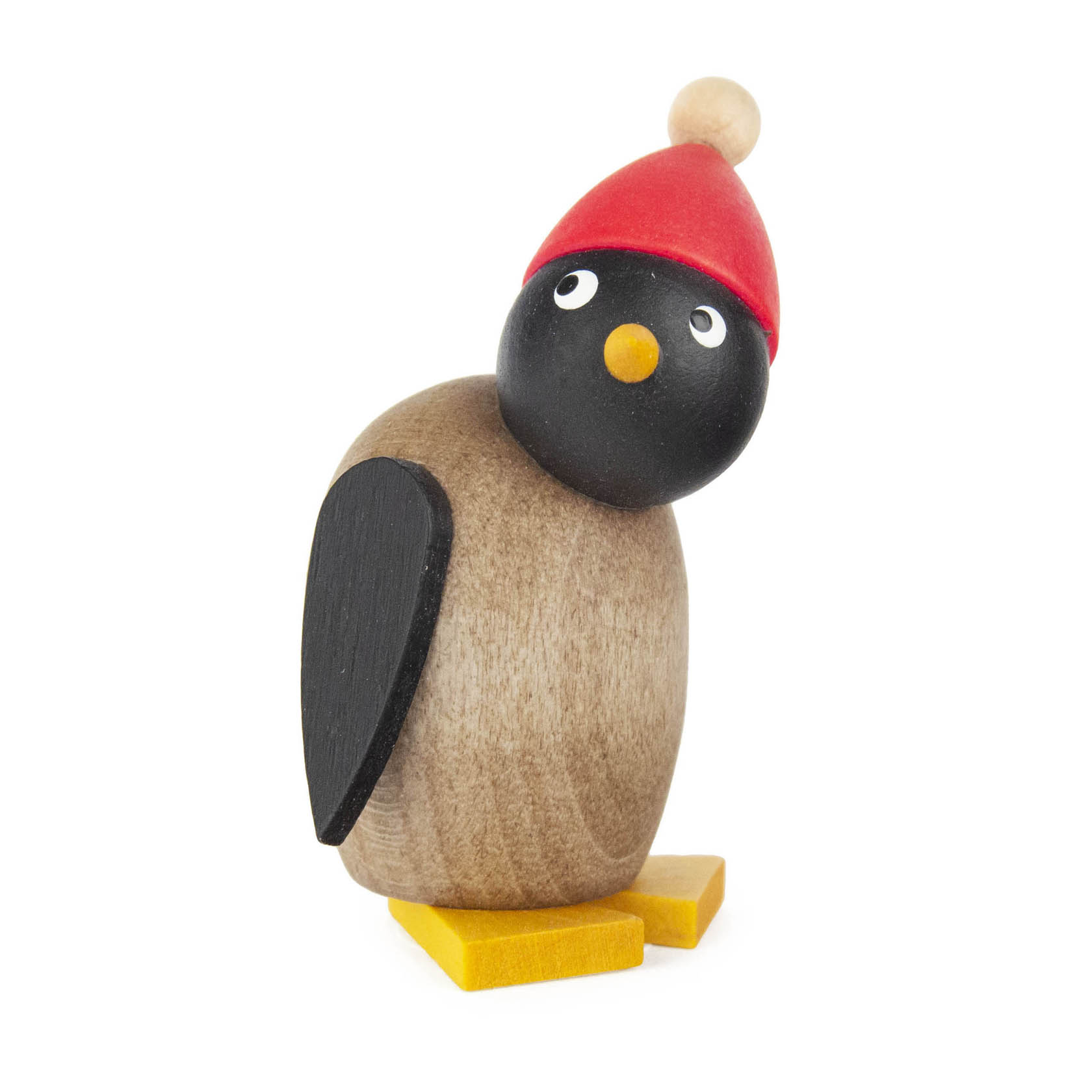 A penguin figurine with a grey body, wearing a red hat, featuring a black head and yellow feet.