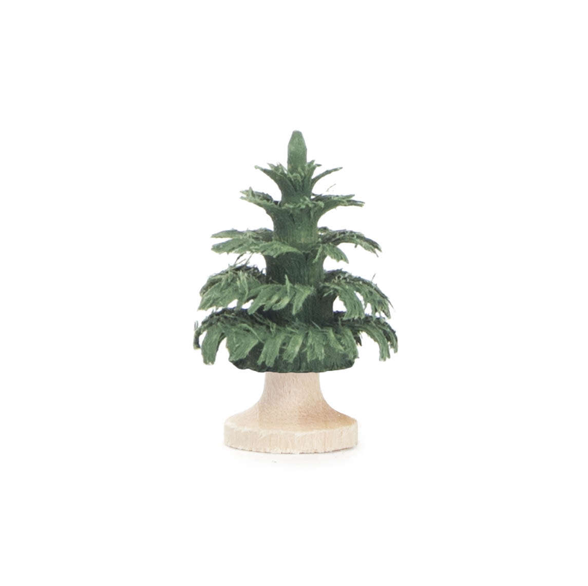 A small green coniferous tree made of wood, resembling a miniature Christmas tree, standing on a plain wooden base. im Dregeno Online Shop günstig kaufen