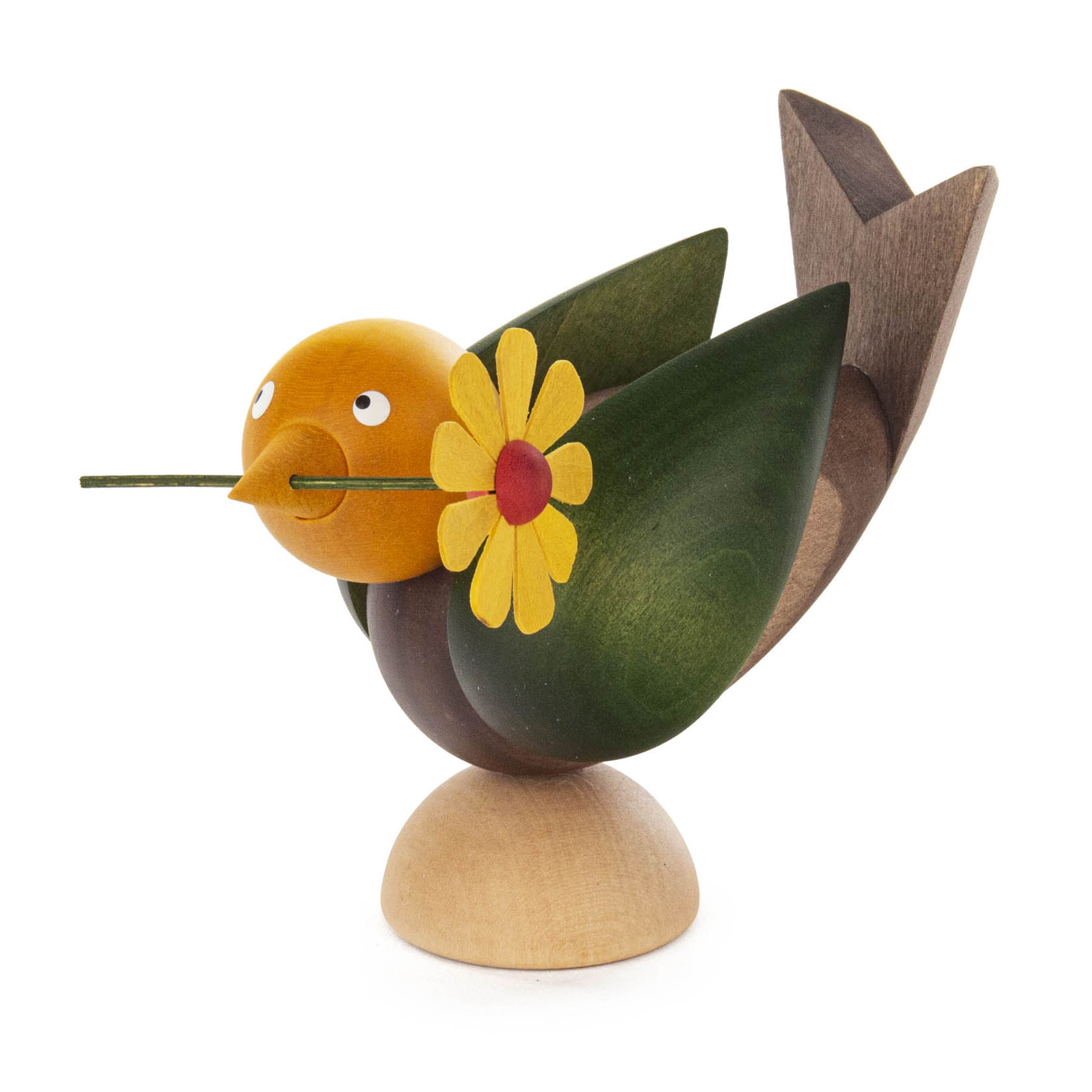 Eine farbenfrohe, stilisierte Vogel-Dekofigur mit einem grünen Körper, orangem Kopf und einer gelben Blume mit roter Mitte im Schnabel. im Dregeno Online Shop günstig kaufen