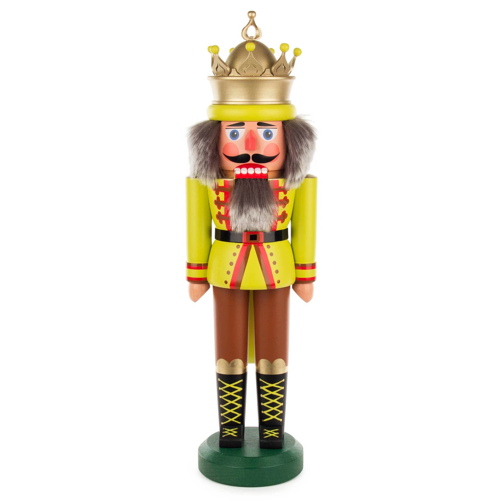 A wooden nutcracker resembling a king, standing 43 cm tall, with a yellow-green matte jacket, a gold crown, and a traditional beard. im Dregeno Online Shop günstig kaufen