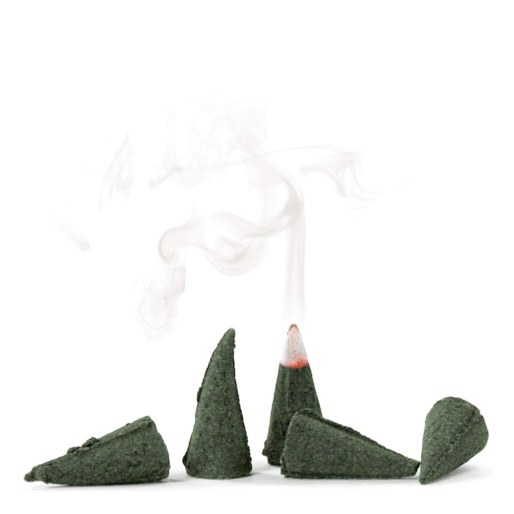 Four green incense cones on a white background; one is burnt and emitting smoke with a small orange glow at its tip.