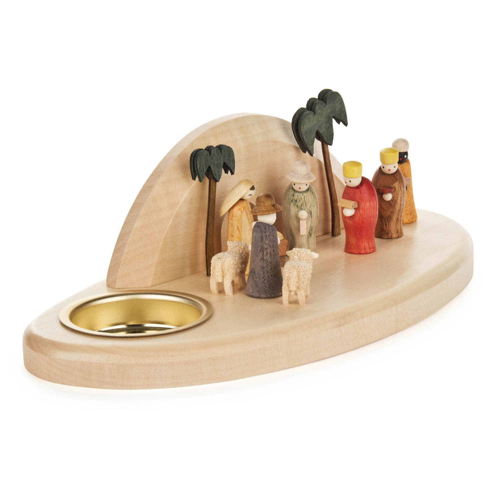 Wooden miniature nativity scene featuring the Holy Family, three Wise Men, shepherds, and sheep with a tea light holder.