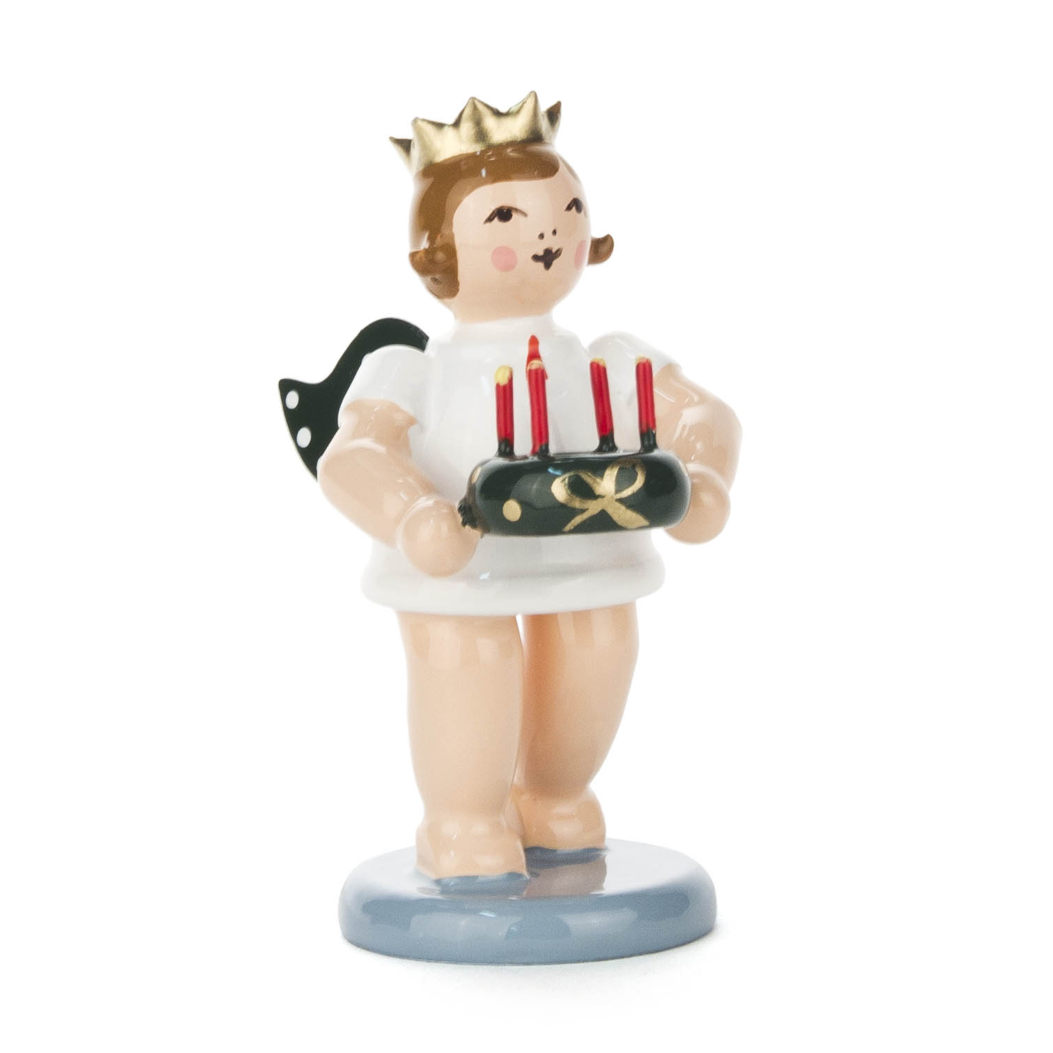 Porcelain angel figurine with a crown, holding an advent wreath with three red candles. im Dregeno Online Shop günstig kaufen