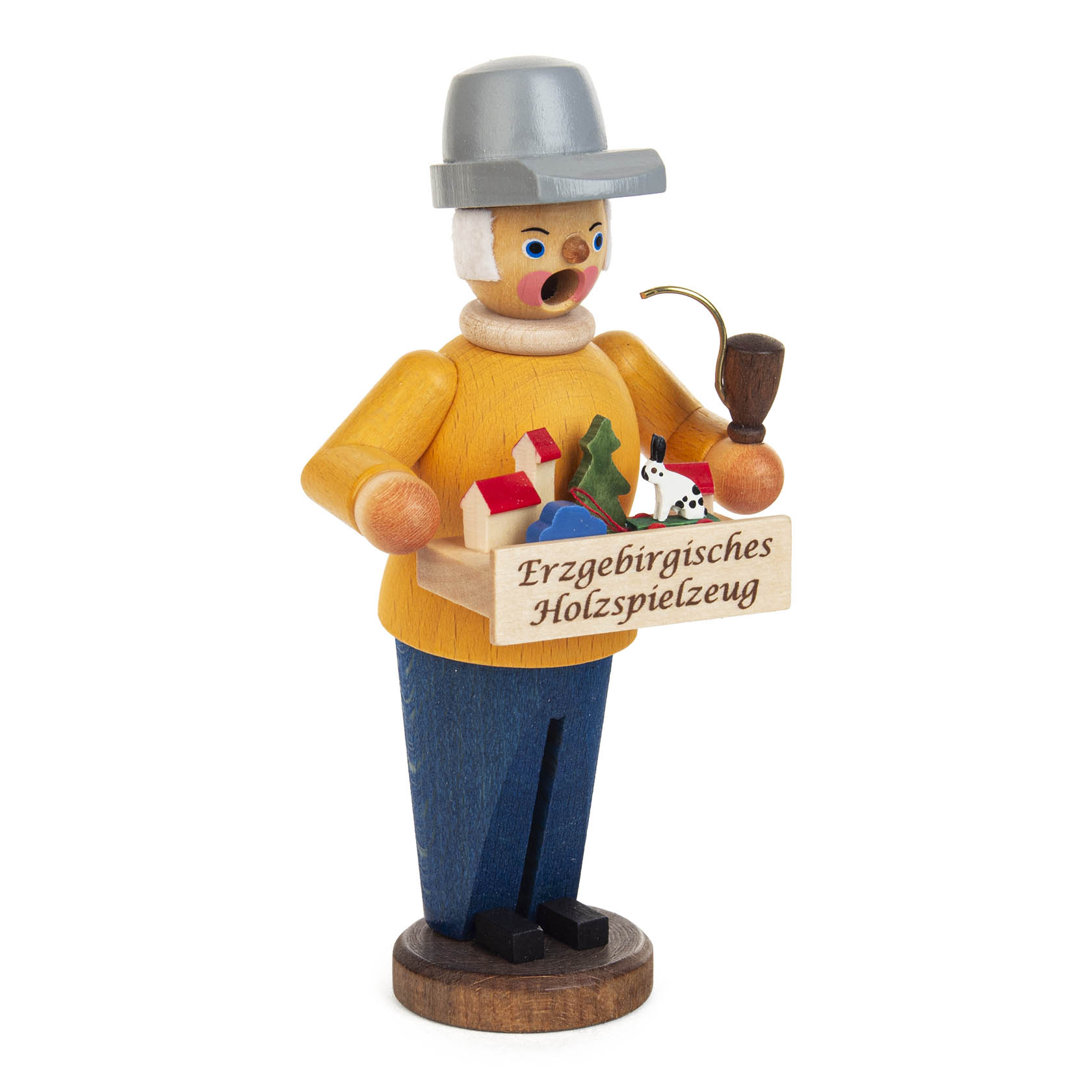 A wooden incense figurine of a toy seller holding a pipe and a tray with mini wooden toys, dressed in a yellow coat and blue pants.