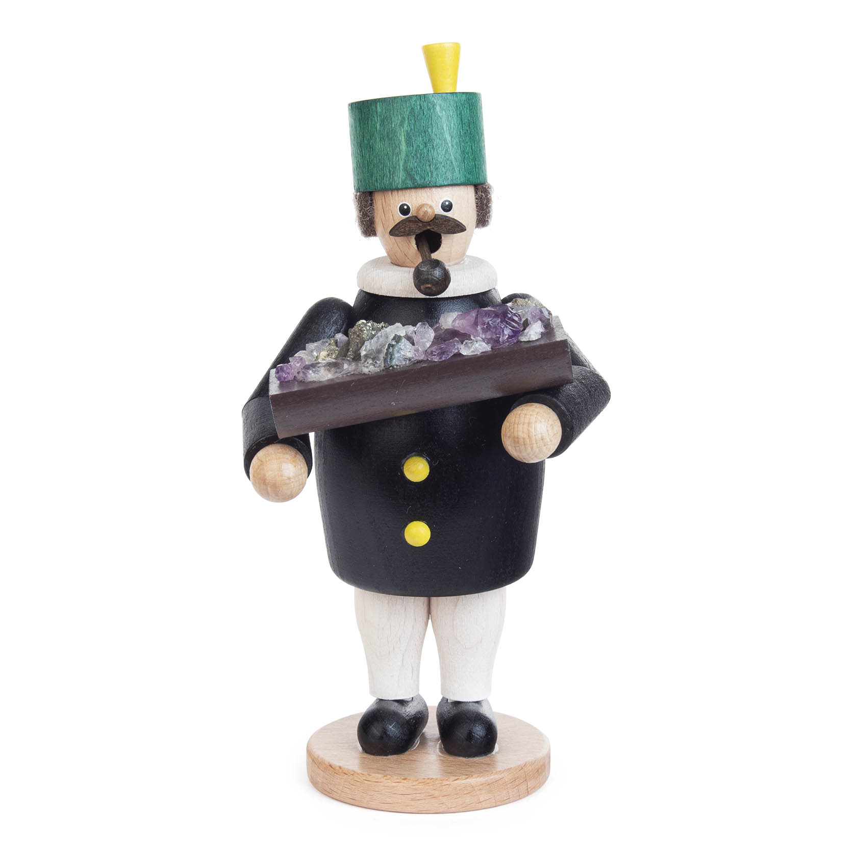 Holzfigur eines bergmännischen Räuchermanns in schwarzer Uniform mit grüner, gelber Mütze und ERZ-Schütte, die vermutlich Edelsteine enthält. im Dregeno Online Shop günstig kaufen