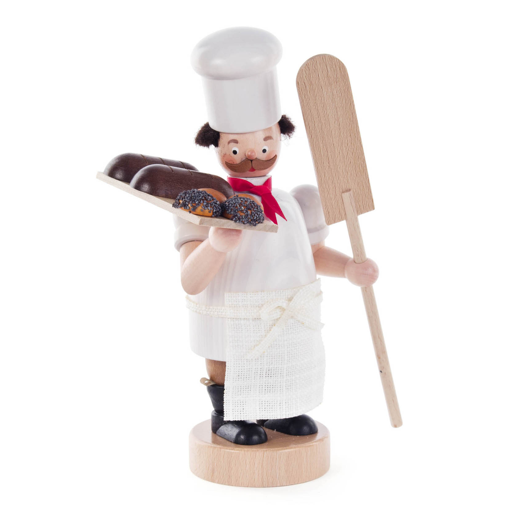 A wooden incense smoker figurine in the shape of a baker, wearing a chef's hat and apron, holding a baking tray with pastries and a wooden peel. im Dregeno Online Shop günstig kaufen