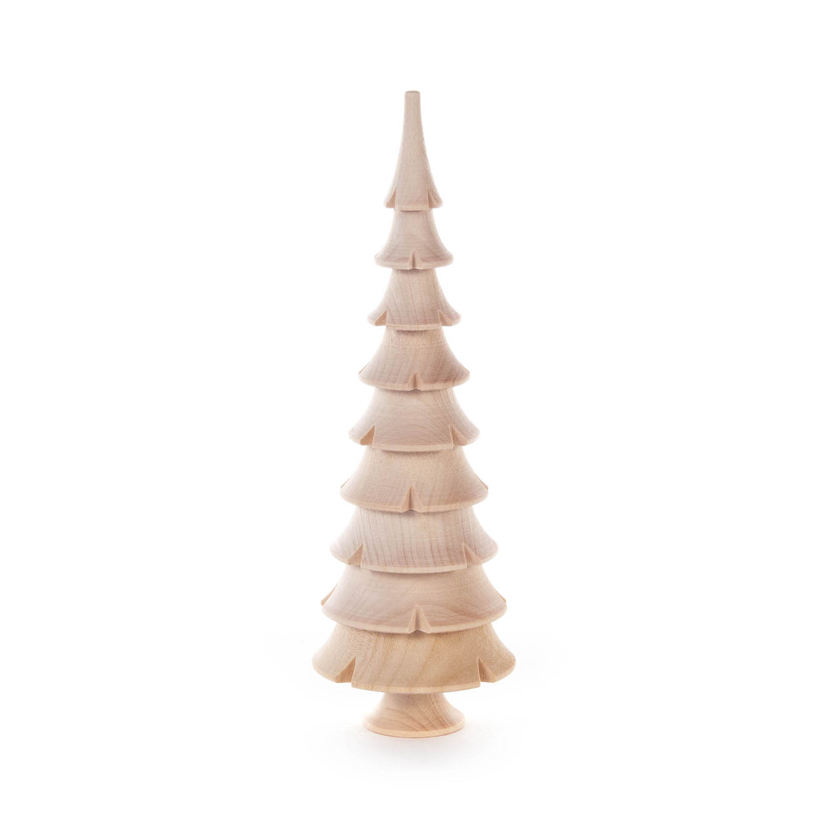 Ein 17,5 cm großer, naturbelassener Massivholzbaum in Kegelform mit mehreren, gleichmäßig verteilten Ringen, die die Äste eines Tannenbaums darstellen. im Dregeno Online Shop günstig kaufen