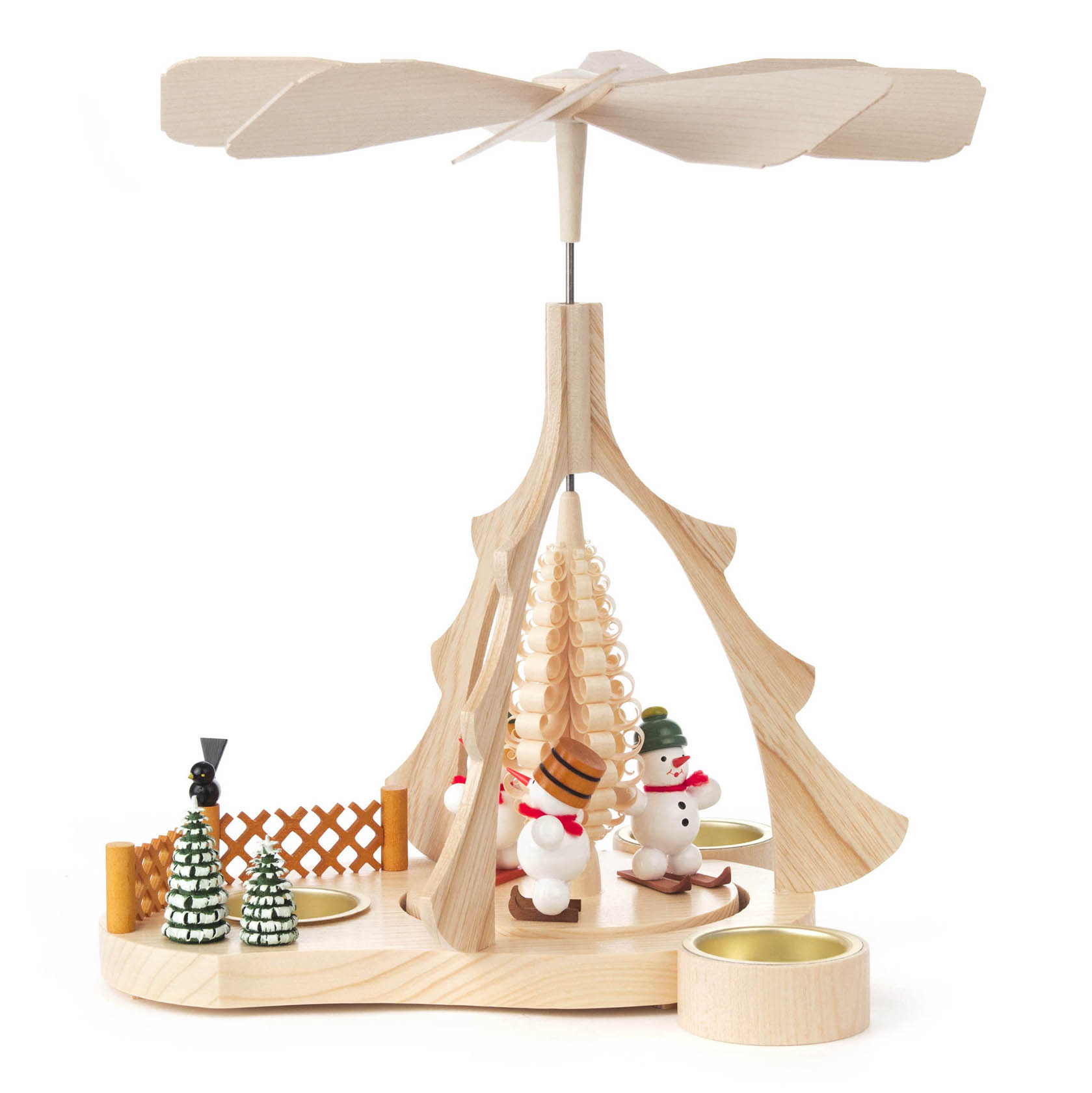 Dekorative Holzpyramide mit drei Schneemännern und Platz für Teelichter, mit einem sich drehenden Rotor oben. im Dregeno Online Shop günstig kaufen