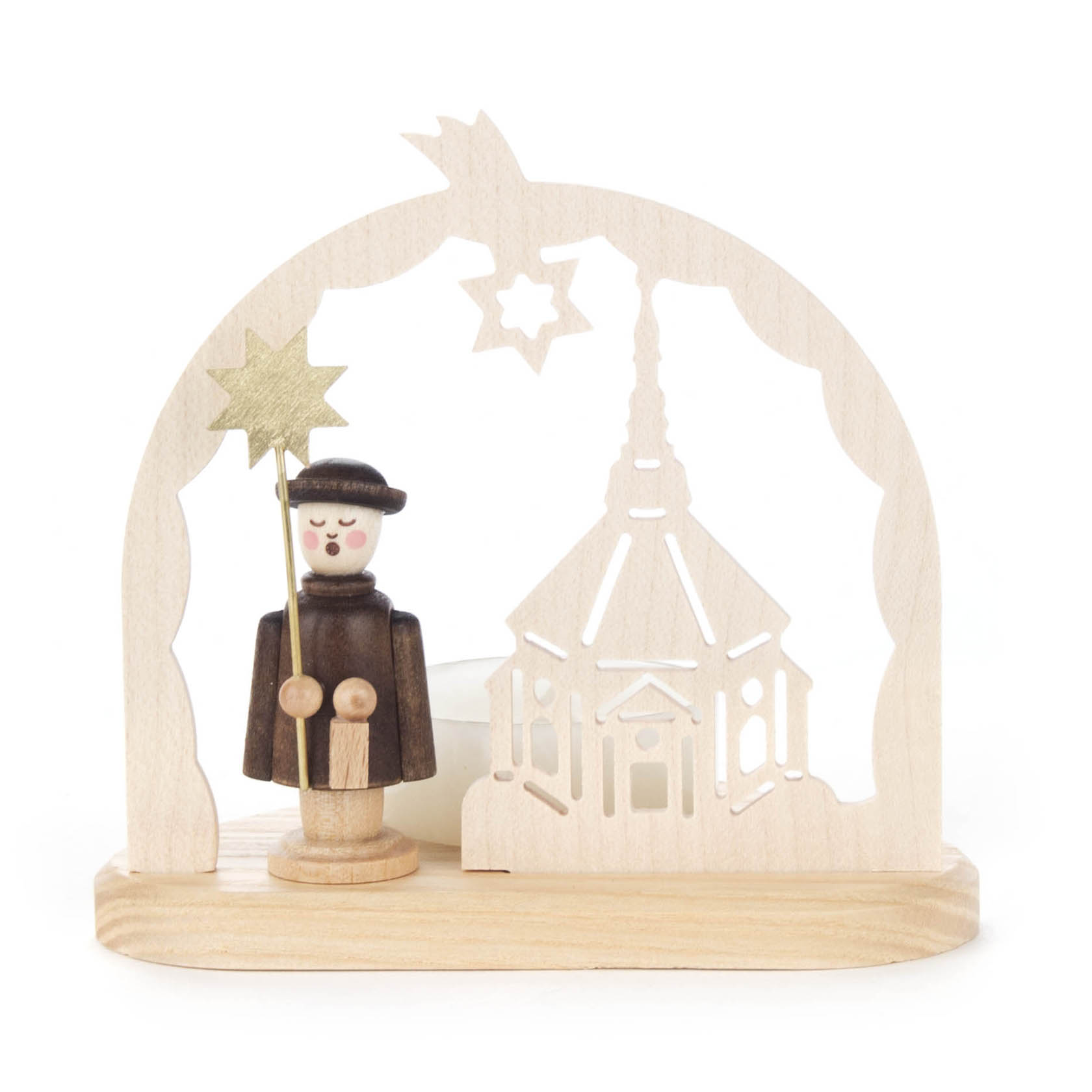 Teelichthalter mit Kurrendefigur und Seiffener Kirche im Dregeno Online Shop günstig kaufen