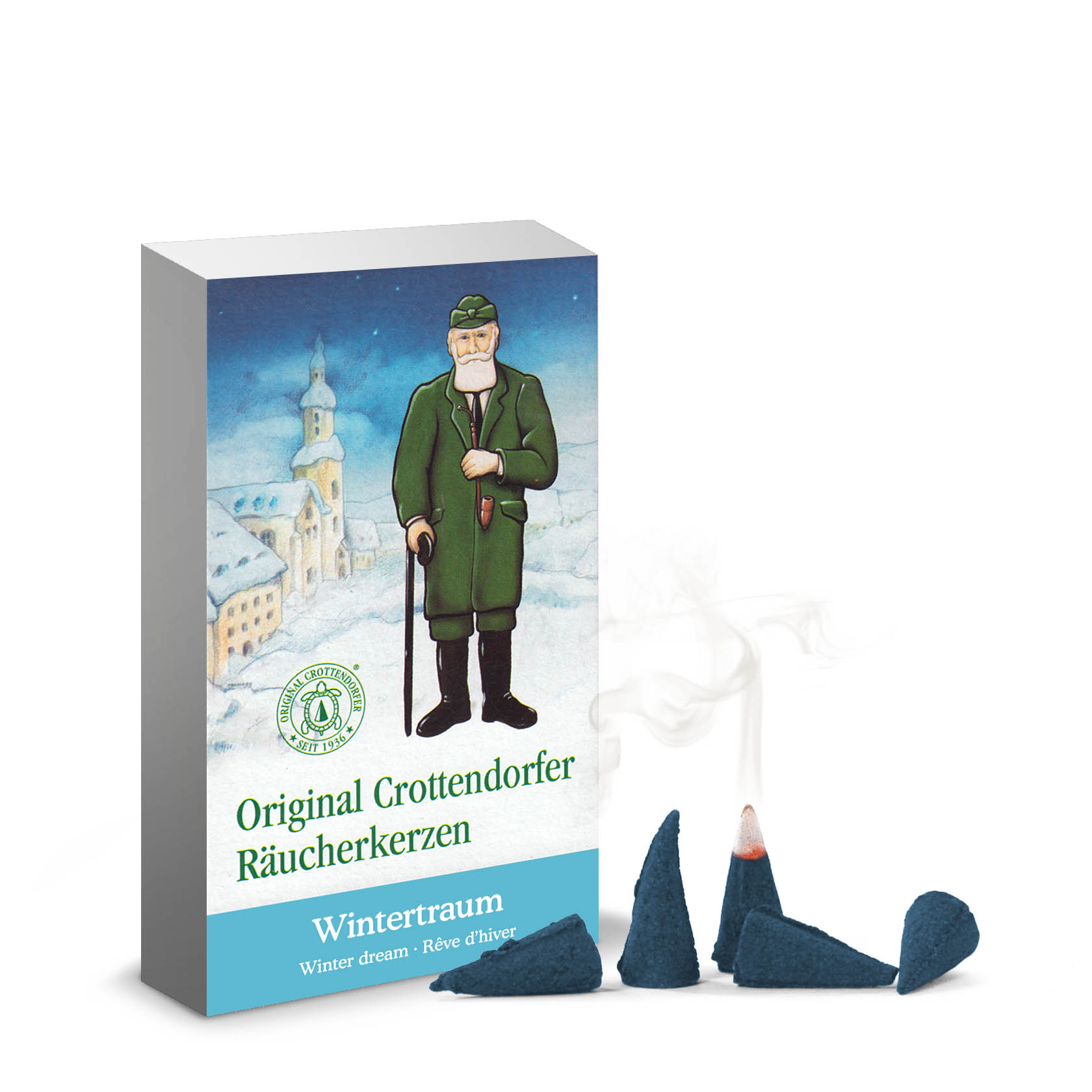 Eine Schachtel 'Original Crottendorfer Räucherkerzen Wintertraum' mit einer Illustration eines Mannes in traditioneller Kleidung. Drei blaue Kerzen sind sichtbar, eine qualmt.