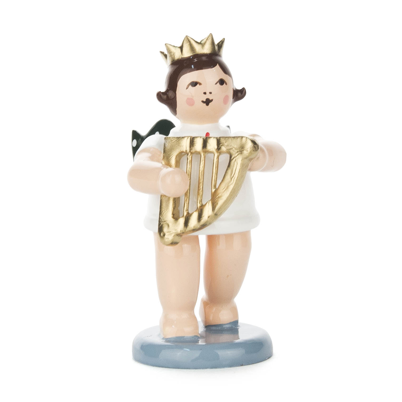 A figurine of an angel with short brown hair, a golden crown, green wings, wearing a white dress and playing a golden handheld harp. im Dregeno Online Shop günstig kaufen