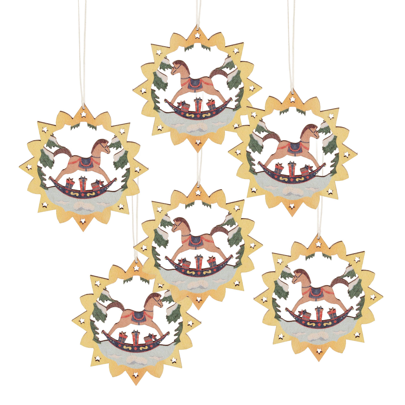 Sechs bunte Papieranhänger mit Schaukelpferdmotiv, umgeben von einem gezackten Rahmen, wahrscheinlich als Weihnachtsbaumschmuck vorgesehen. im Dregeno Online Shop günstig kaufen