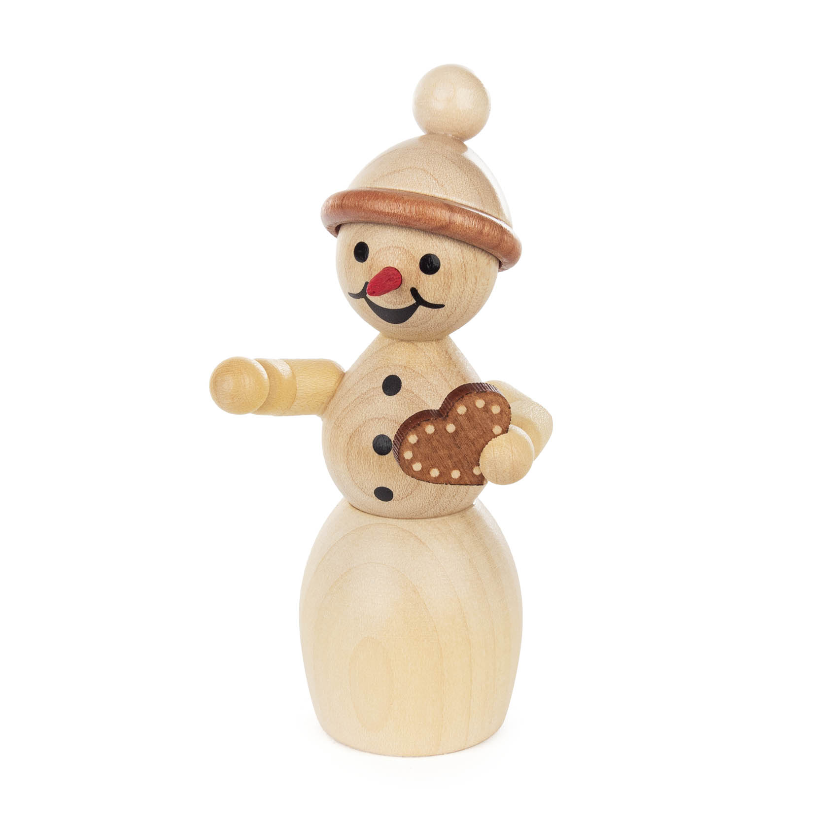 A wooden snowwoman figurine with a gingerbread heart in one hand, featuring a smiling face, round nose, and wearing a hat. im Dregeno Online Shop günstig kaufen