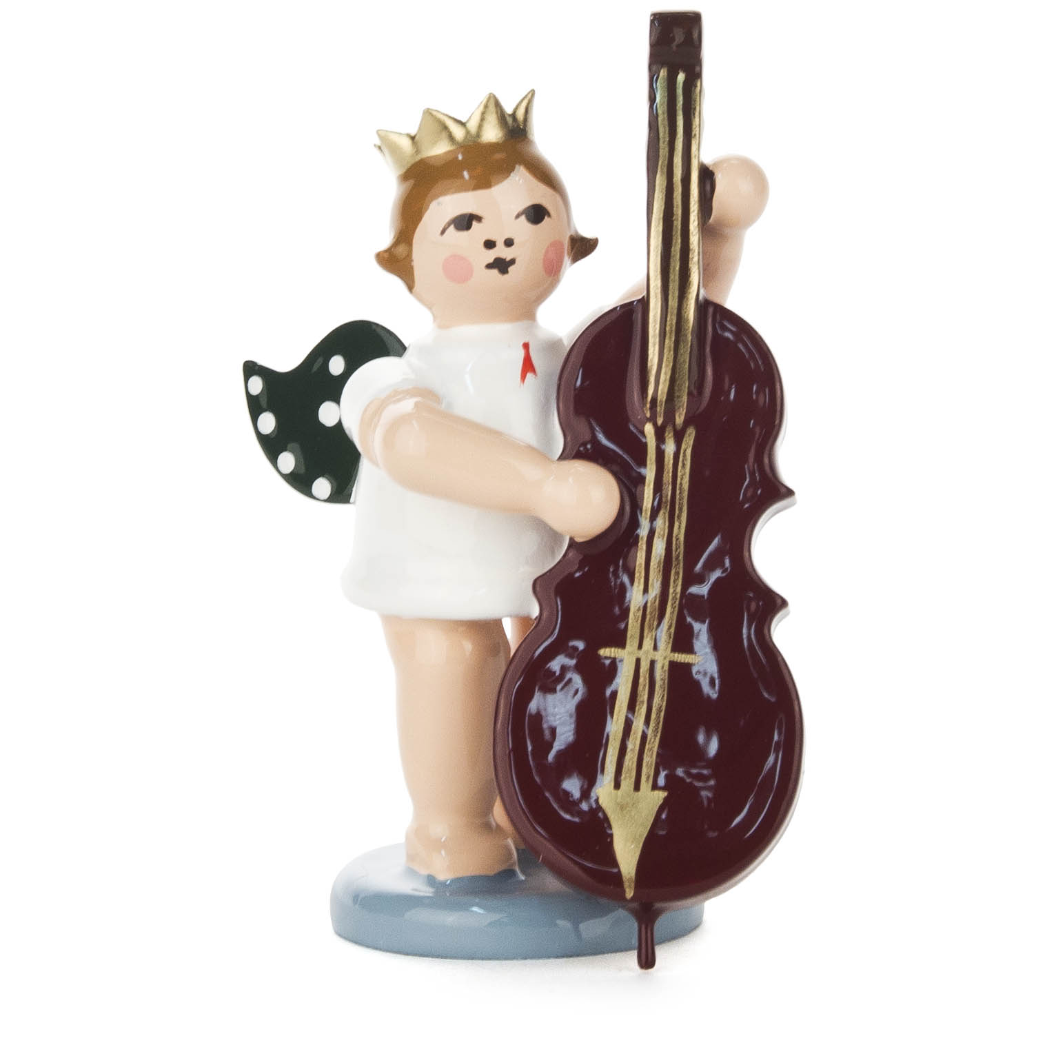 Wooden angel figurine with green polka dot wings, wearing a gold crown and white robe, playing a brown double bass. im Dregeno Online Shop günstig kaufen