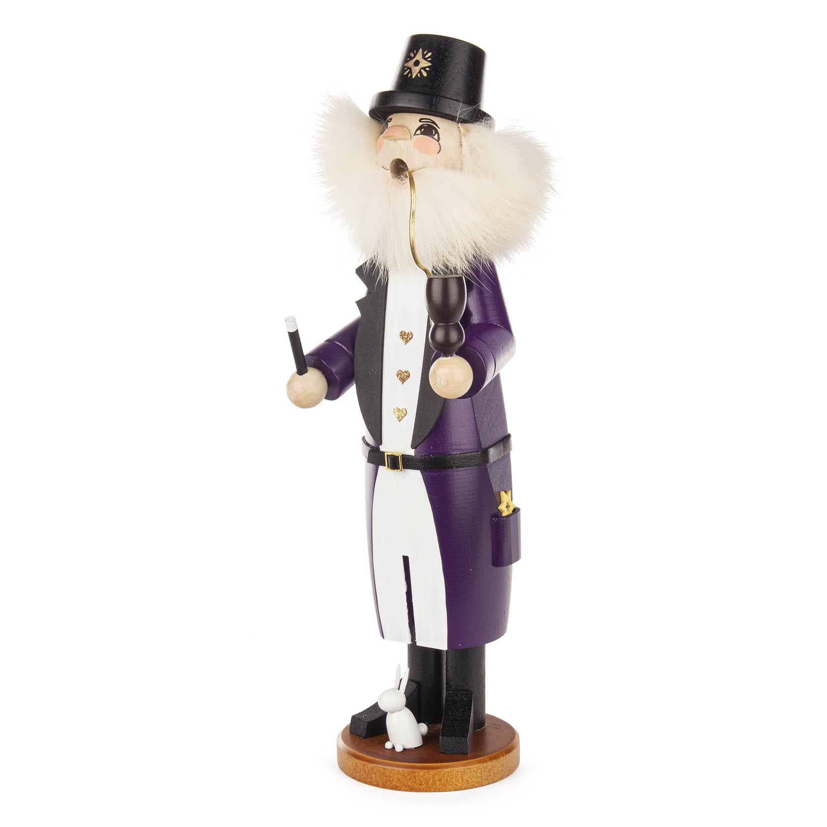Wooden incense smoker figure of a wizard wearing a purple robe and hat, with a fluffy white beard, holding a staff, and a rabbit at his feet.