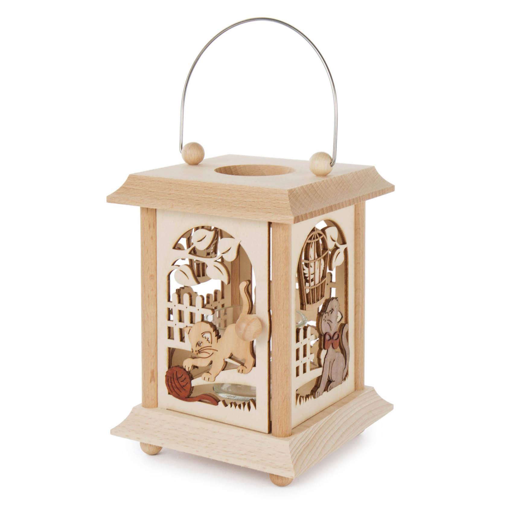 Dekorative Holzlaterne mit Katzenmotiven und Glaseinsatz, ideal für Teelichte oder Votivkerzen. im Dregeno Online Shop günstig kaufen