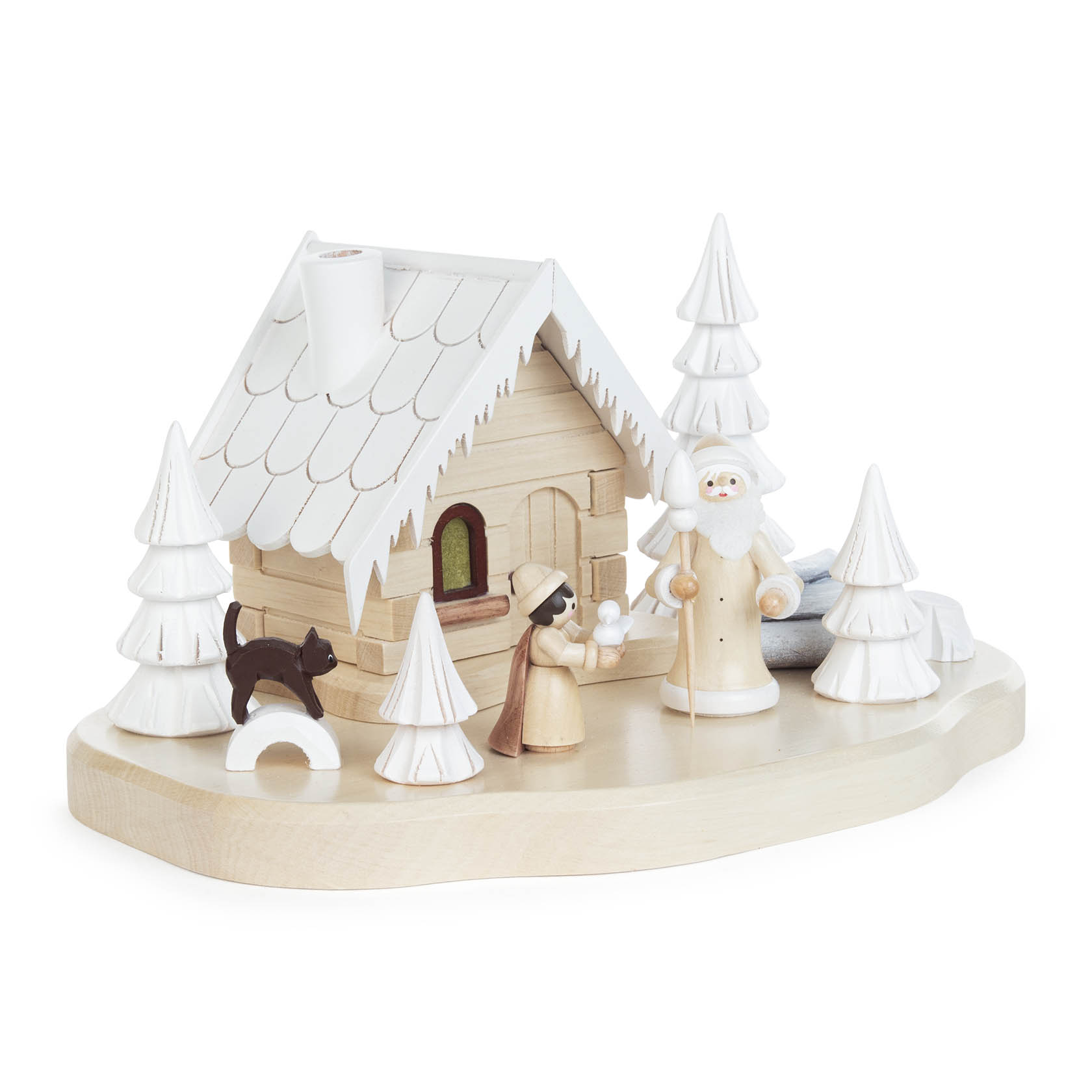 Smoking house 'Father Frost' with a wooden cabin, trees, a figure of Father Frost, a woman handing him an item, and a small animal figure.