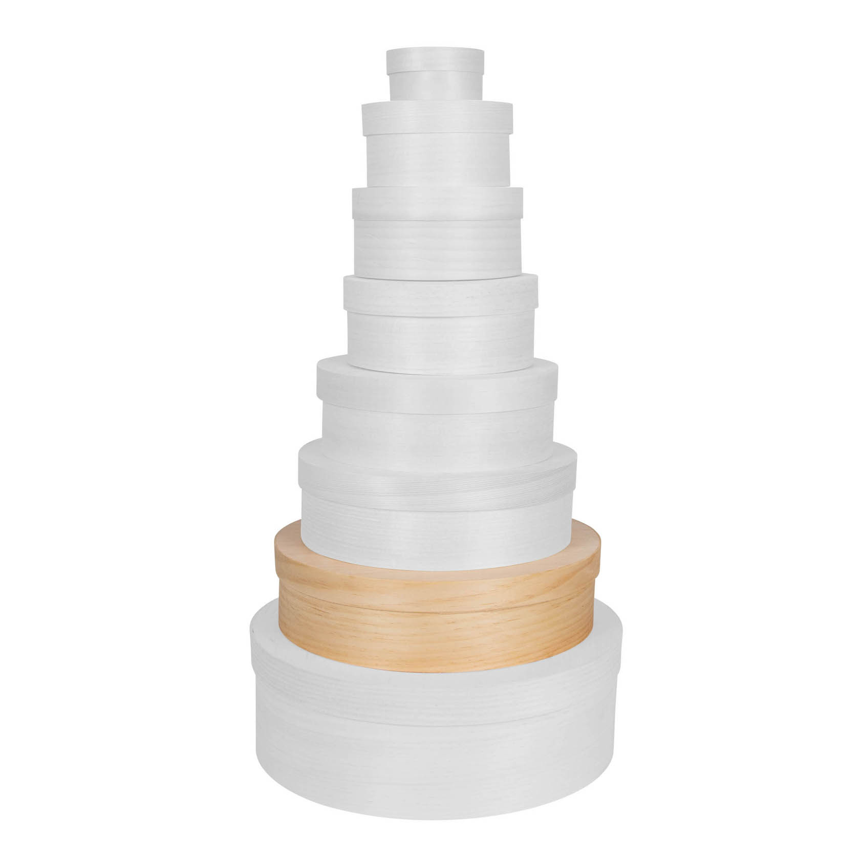 A stack of round chip boxes, with predominantly white boxes and one natural wood-colored box near the bottom.
