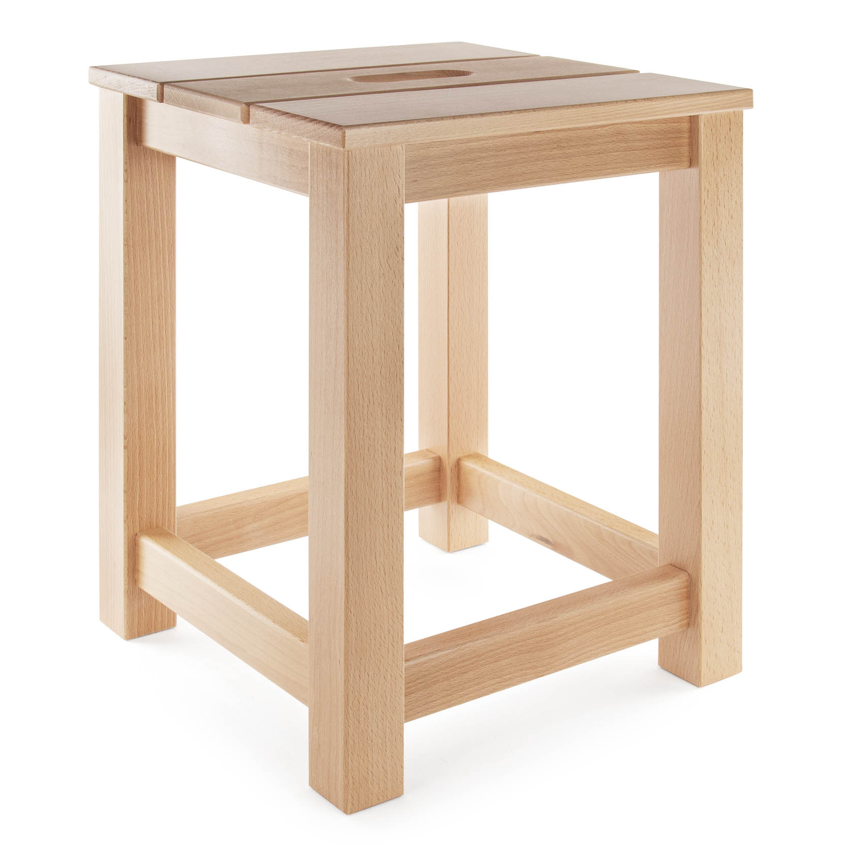 A wooden, square stool with a simple design, featuring a natural finish and four straight legs connected by horizontal support bars. im Dregeno Online Shop günstig kaufen