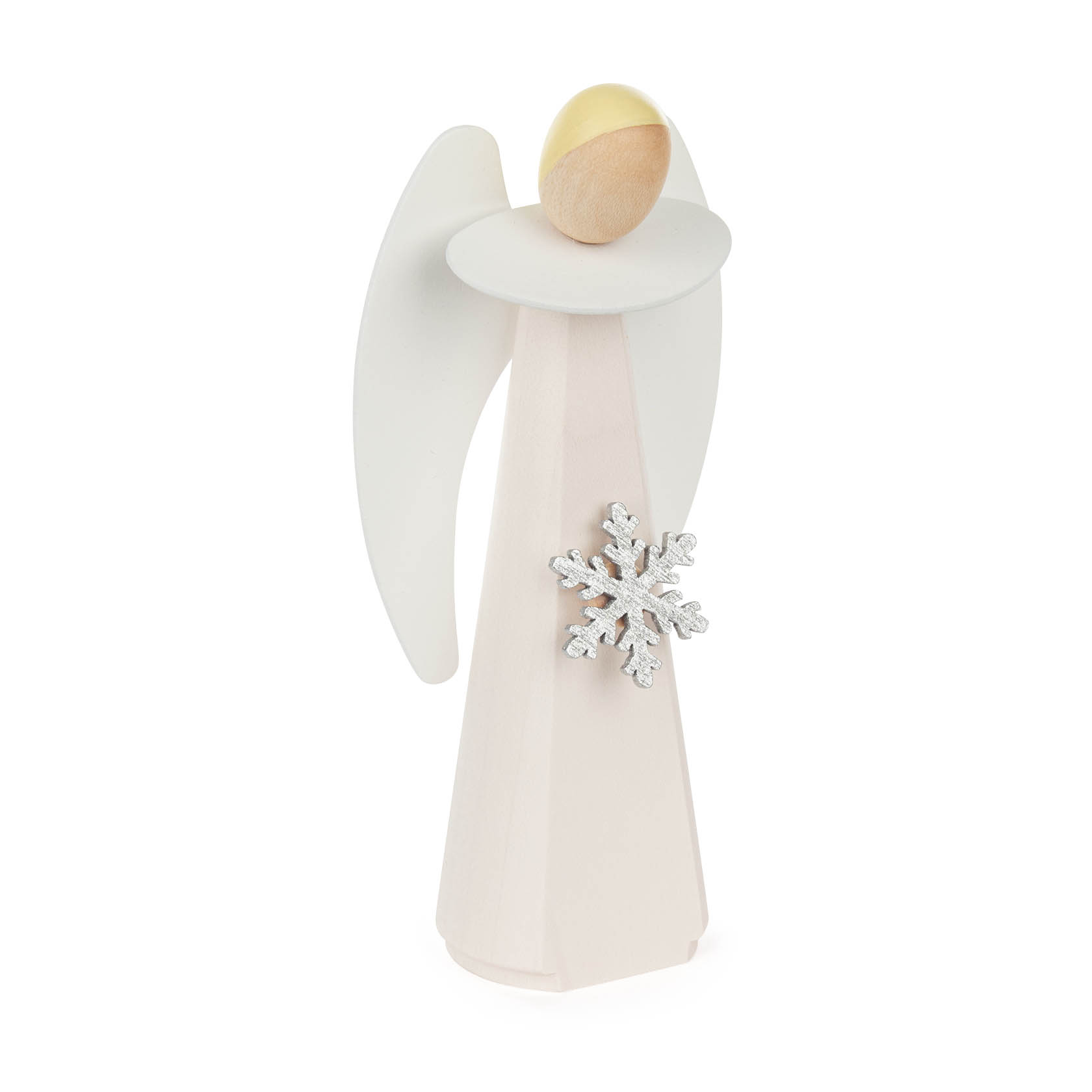 Wooden white angel figure with a gold head, wearing a silver snowflake ornament, standing upright.