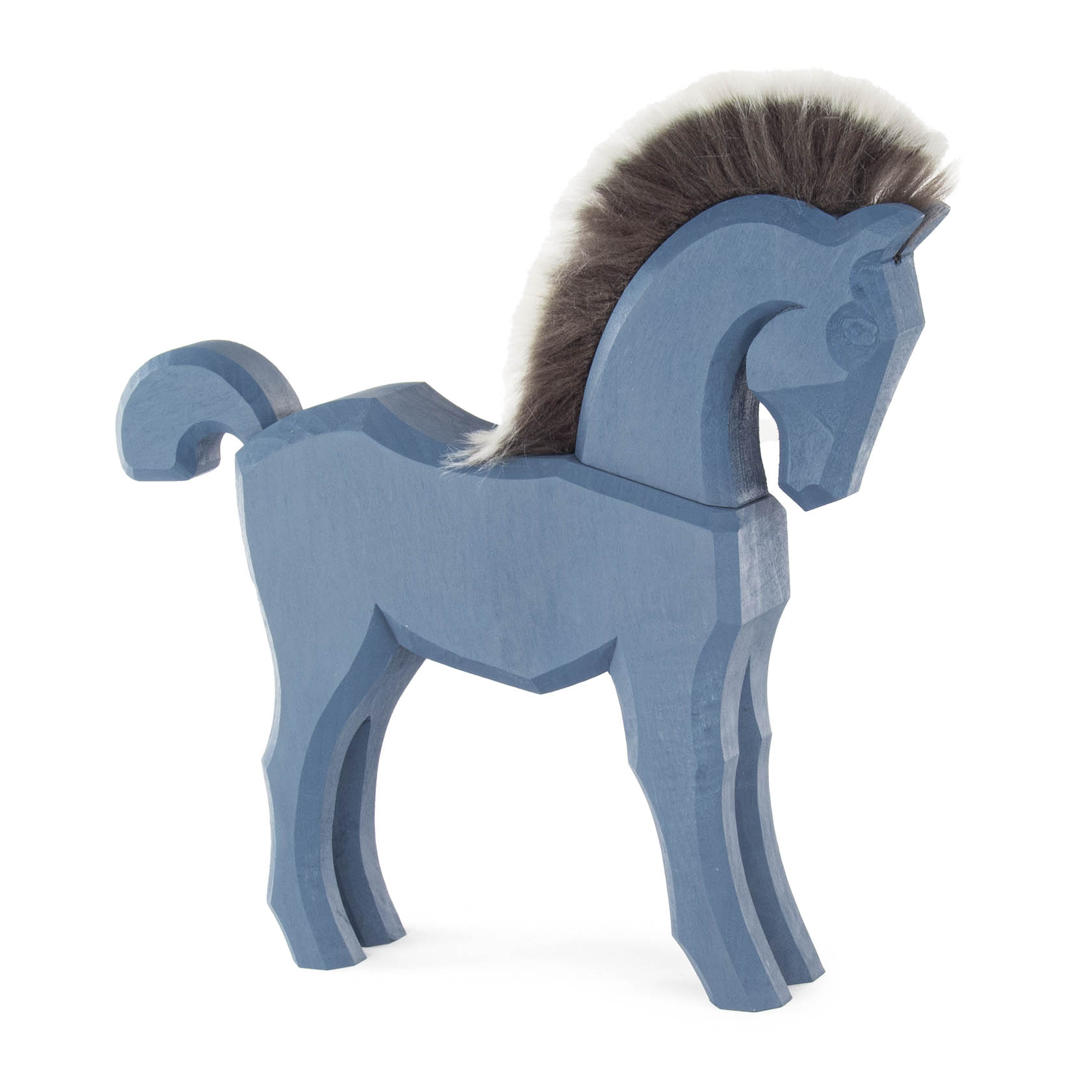 Blue carved wooden horse toy with a grey mane, depicted in a simplistic style. im Dregeno Online Shop günstig kaufen