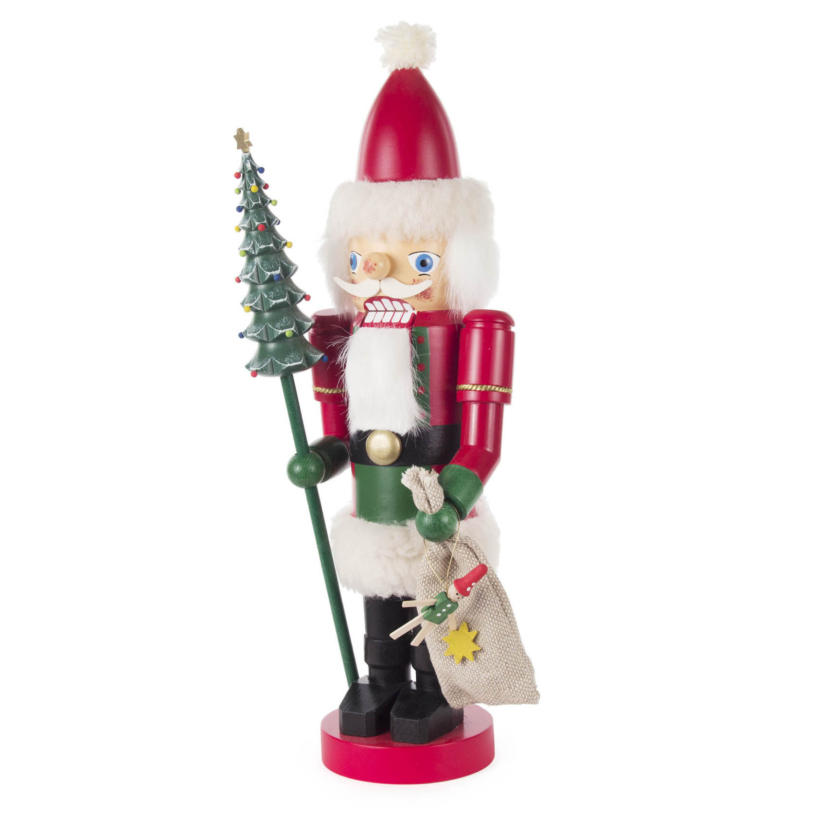 Ein Nussknacker in Form eines Weihnachtsmanns, 35 cm groß. Er trägt einen roten Anzug, einen weißen Bart, eine rote Mütze und hält einen Weihnachtsbaumstab.