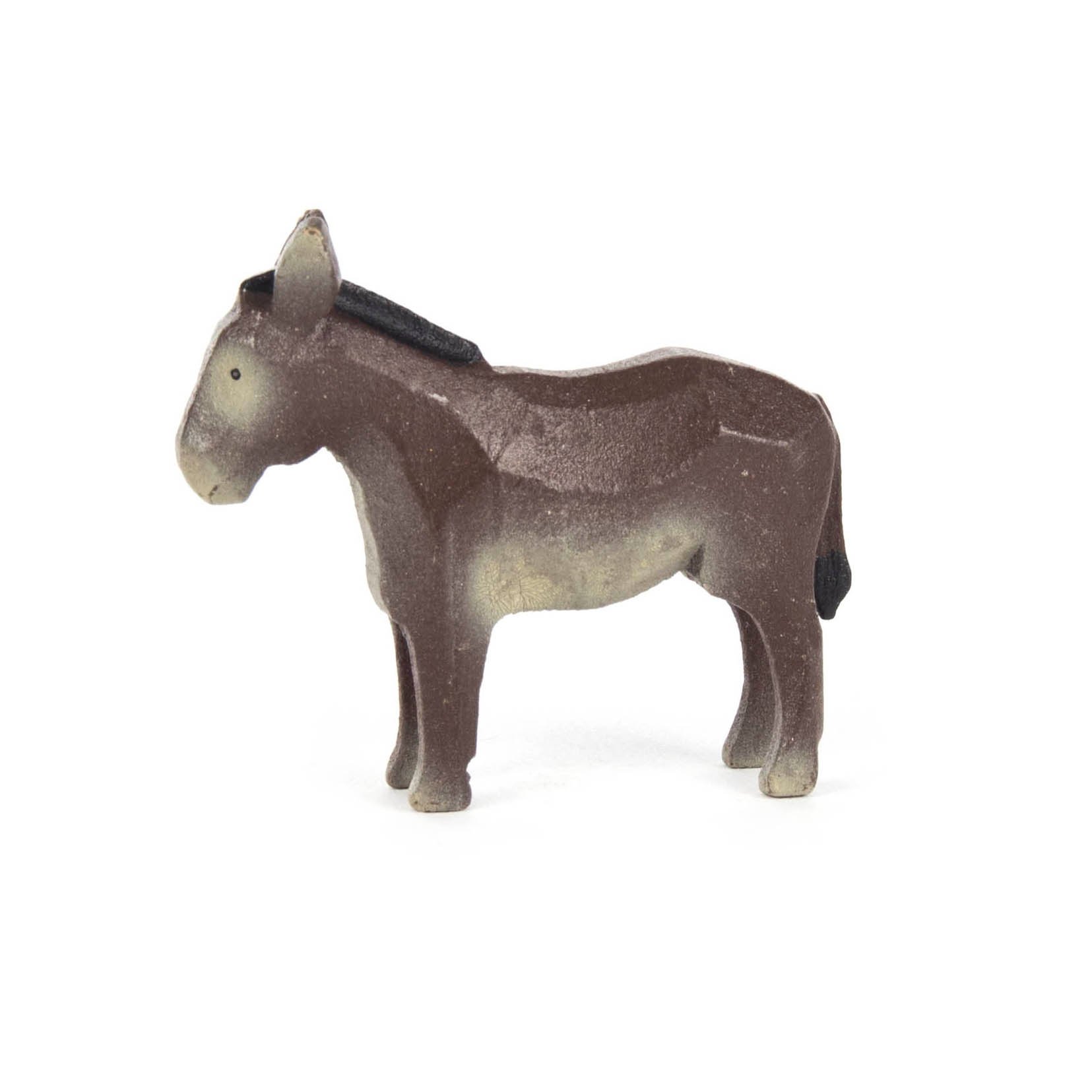 Braune Eselfigur aus Holz, stehend auf vier Beinen.