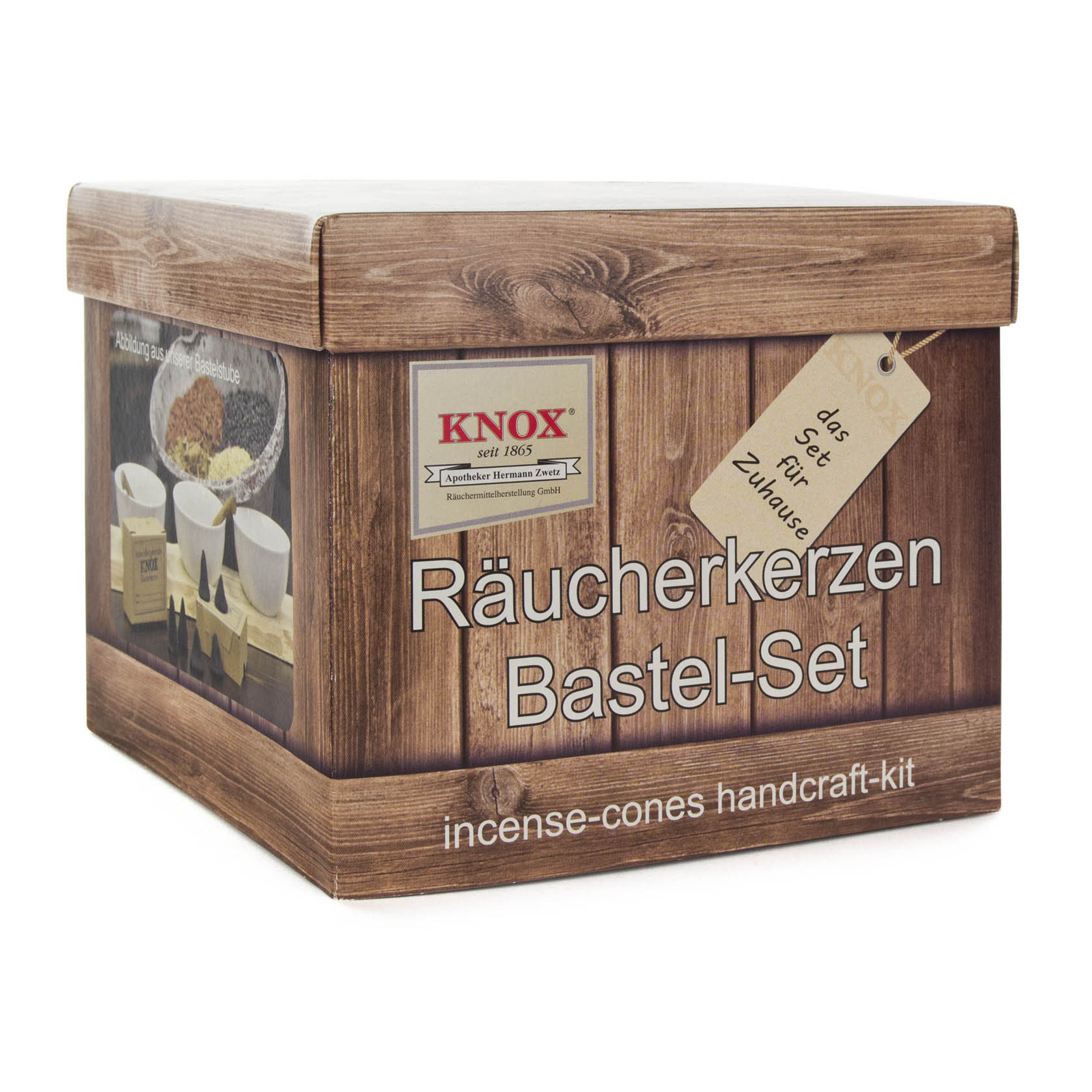 A KNOX incense cone crafting kit package featuring images of crafting materials and finished incense cones, labeled with 'Räucherkerzen Bastel-Set'.