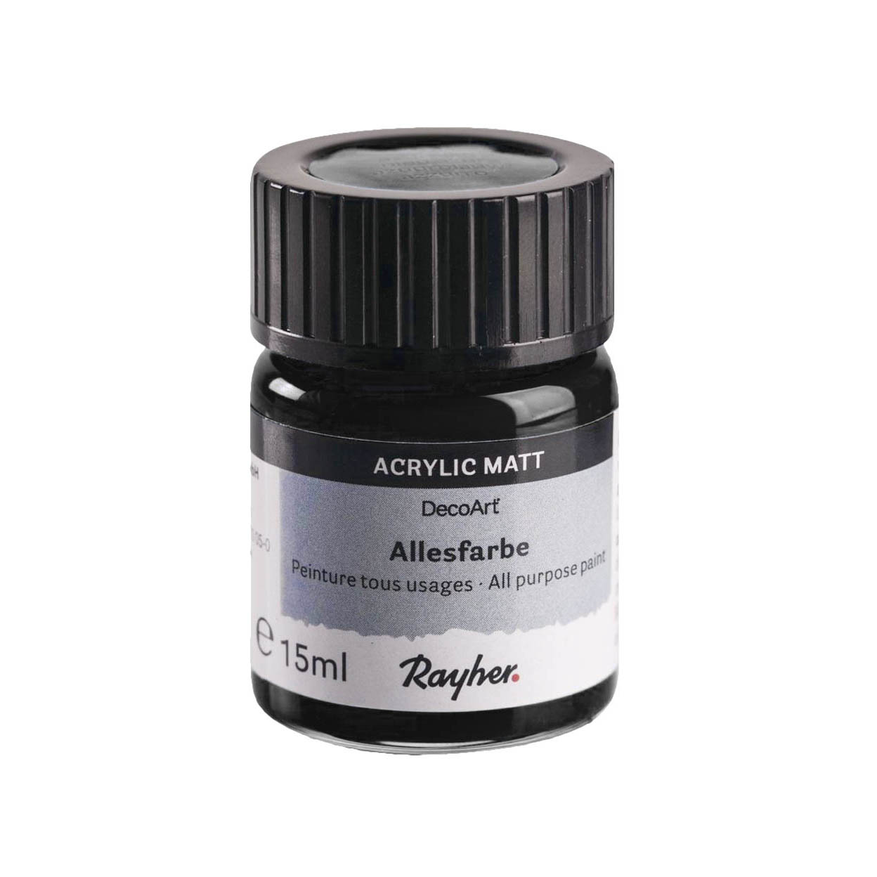 Ein kleiner 15ml Behälter mit schwarzer Allesfarbe der Marke Rayher, etikettiert als 'Acrylic Matt'.