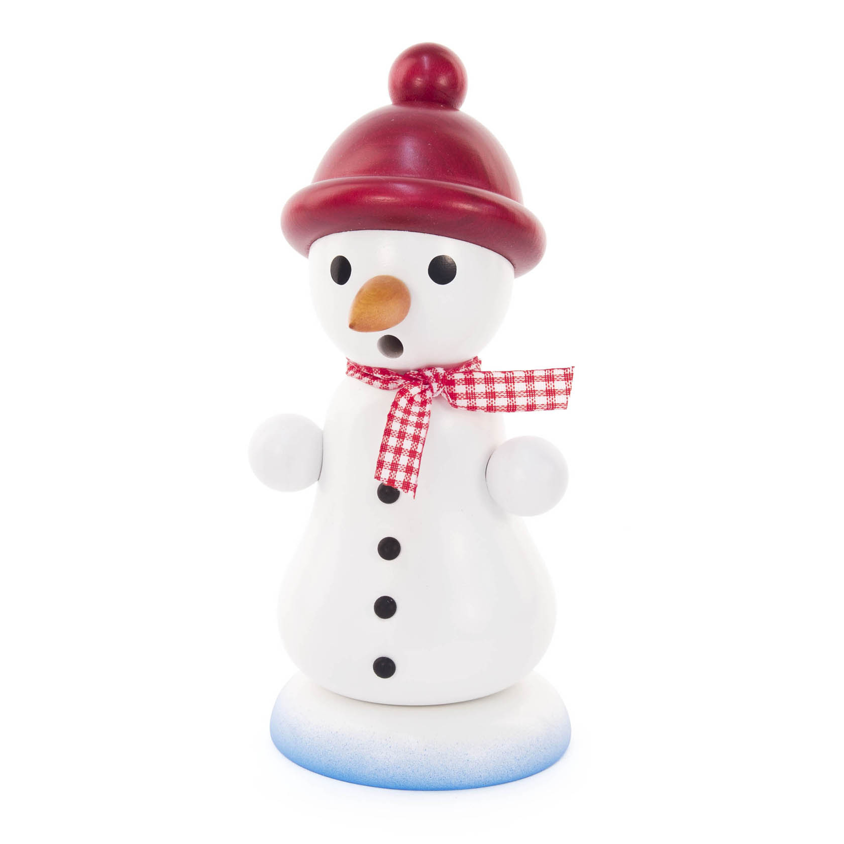 Ein Räuchermann in Form eines Schneemanns mit einer roten Bommelmütze und rotem Schal aus Stoff. Der Schneemann hat schwarze Knöpfe. im Dregeno Online Shop günstig kaufen