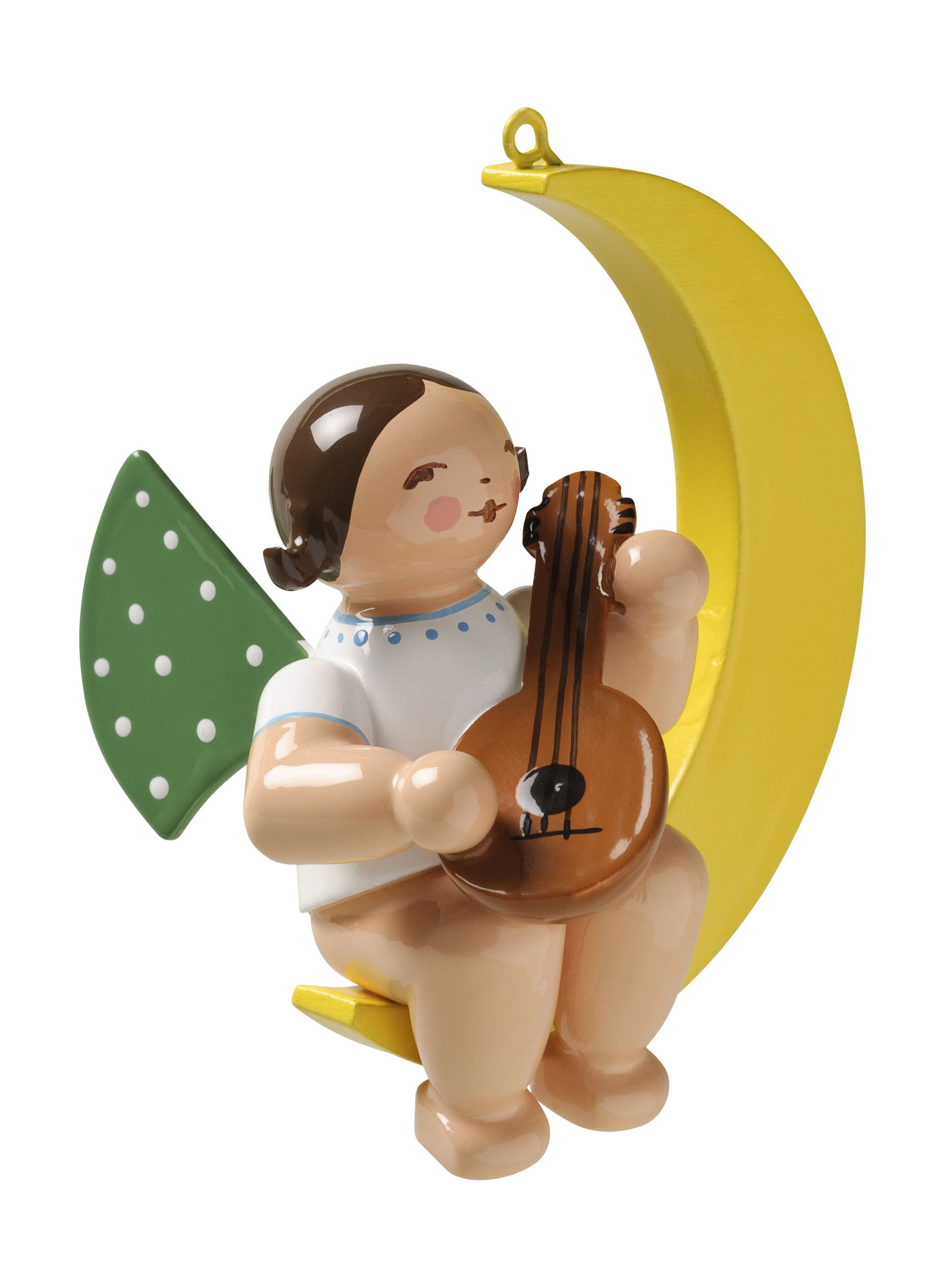 An angel figurine seated on a crescent moon, holding a mandolin. The angel has green wings with white polka dots and is depicted smiling.
