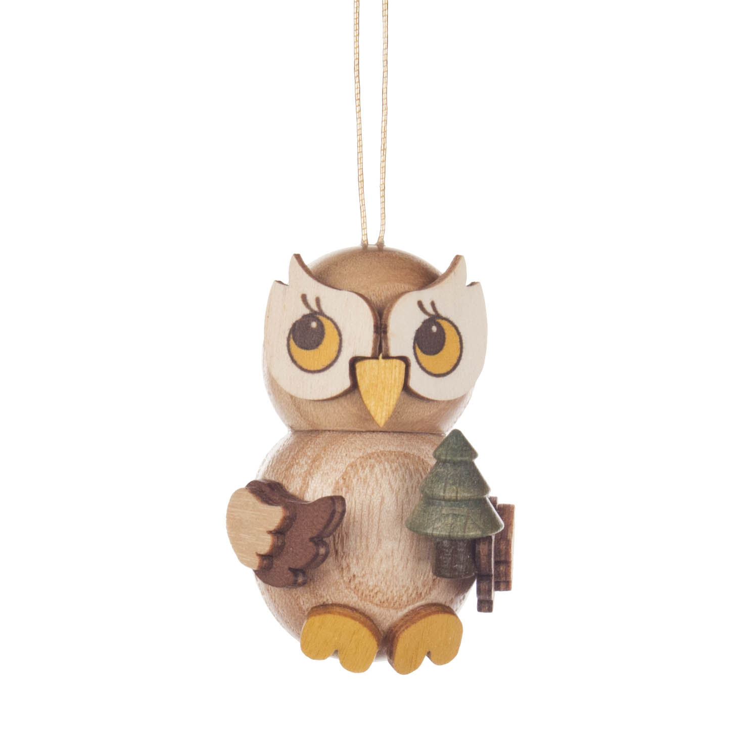 Holzfigur einer Eule mit großen Augen. Sie hält einen kleinen Tannenbaum und hat eine Schnur zum Aufhängen. im Dregeno Online Shop günstig kaufen