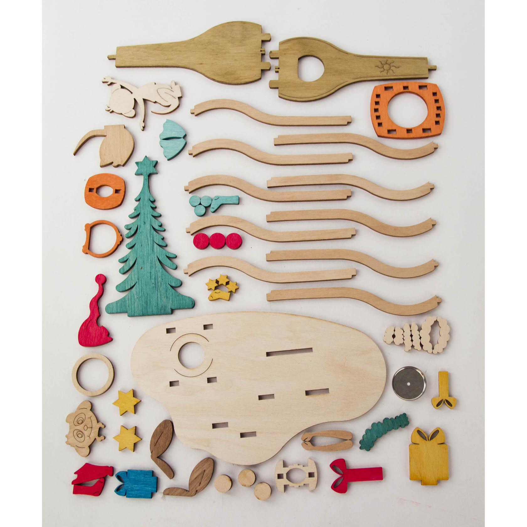 A DIY meerkat-themed incense smoker set with various wooden parts, including a base, trees, assorted colorful decorative pieces, and assembly components.
