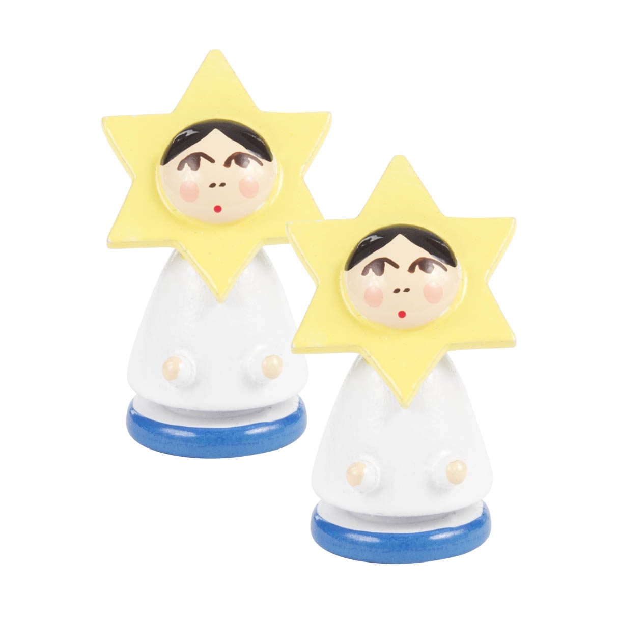Pair of earrings shaped like star-encircled children's faces with yellow stars, red lips, and blue bases. im Dregeno Online Shop günstig kaufen
