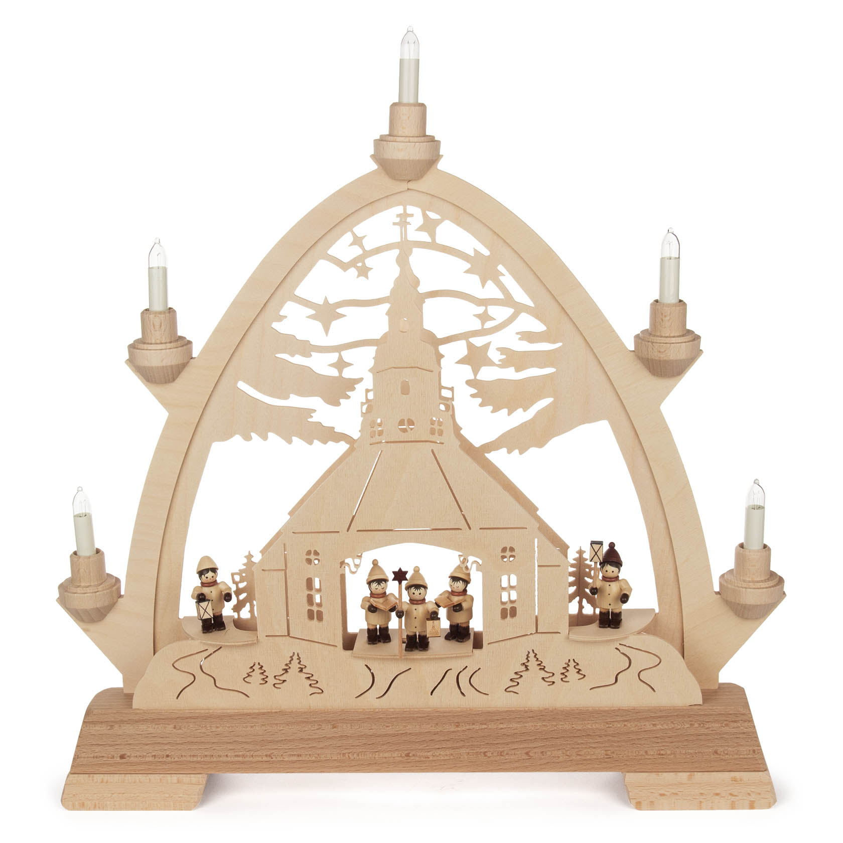 Wooden arch with an intricately carved Seiffen church, accompanied by small choir figures and children with lanterns, illuminated by electric candles. im Dregeno Online Shop günstig kaufen