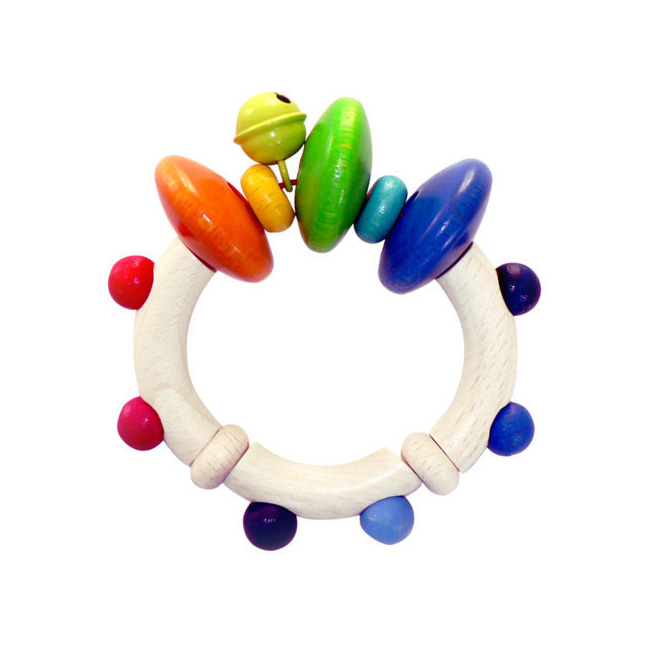 Colorful rattle ring with wooden beads in various colors including red, blue, green, and orange, and a small bell attached. im Dregeno Online Shop günstig kaufen