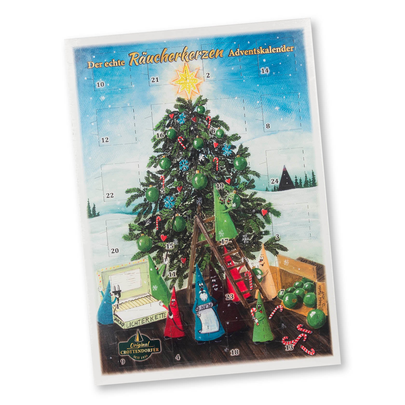 Ein Adventskalender in A4-Format mit einem festlich dekorierten Weihnachtsbaum, umgeben von nummerierten Türchen und einem Räucherkerzen-Set am unteren Rand. im Dregeno Online Shop günstig kaufen