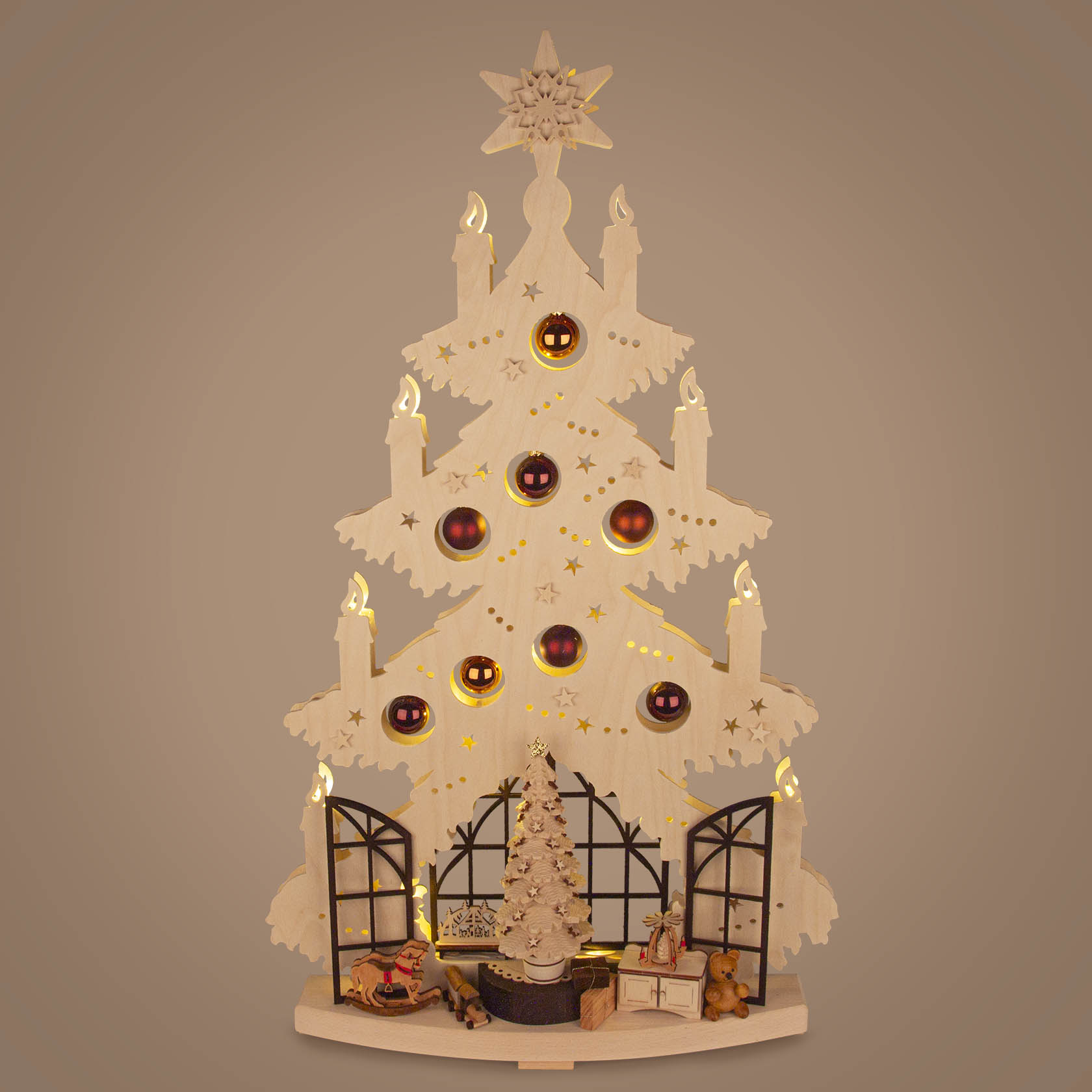 Wooden Christmas arch in the shape of a fir tree with lit candles, a small decorated room with a window, and Christmas ornaments.
